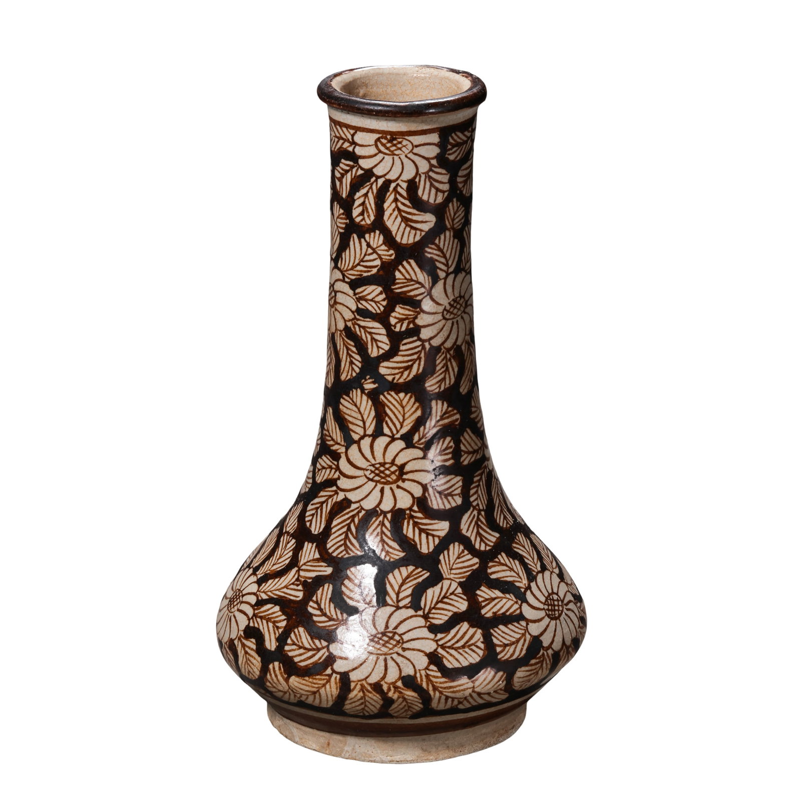 Jizhou Kiln Long Neck Water Chestnut Vase with White Floral Scrolls on Black Ground, Southern Song: Dimensions: Overall Height 17cm (6.69in), Southern Song Dynasty, 12th to 13th CenturyCondition & Provenance: The vase is entirely intact without cracks, chips or restoration work. The dark brown decor