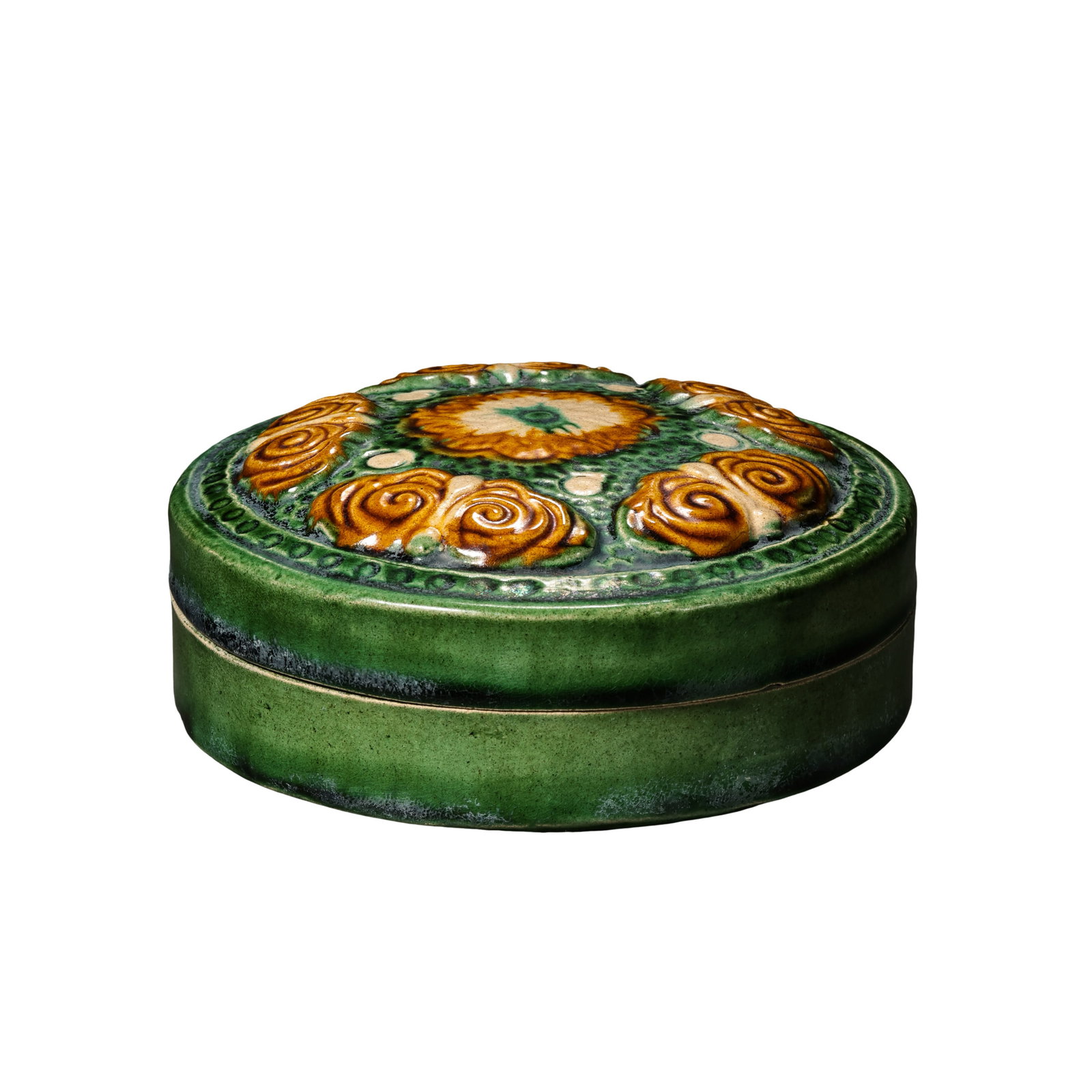 Tang Sancai Molded Floral Round Cosmetic Box, Tang Dynasty (7th-10th Century): Dimensions: Diameter 10.5cm (4.13in), Height 4cm (1.57in), Tang Dynasty, 7th to 10th CenturyCondition & Provenance: The base and lid are an original matching full set, free of cracks, chips or any res