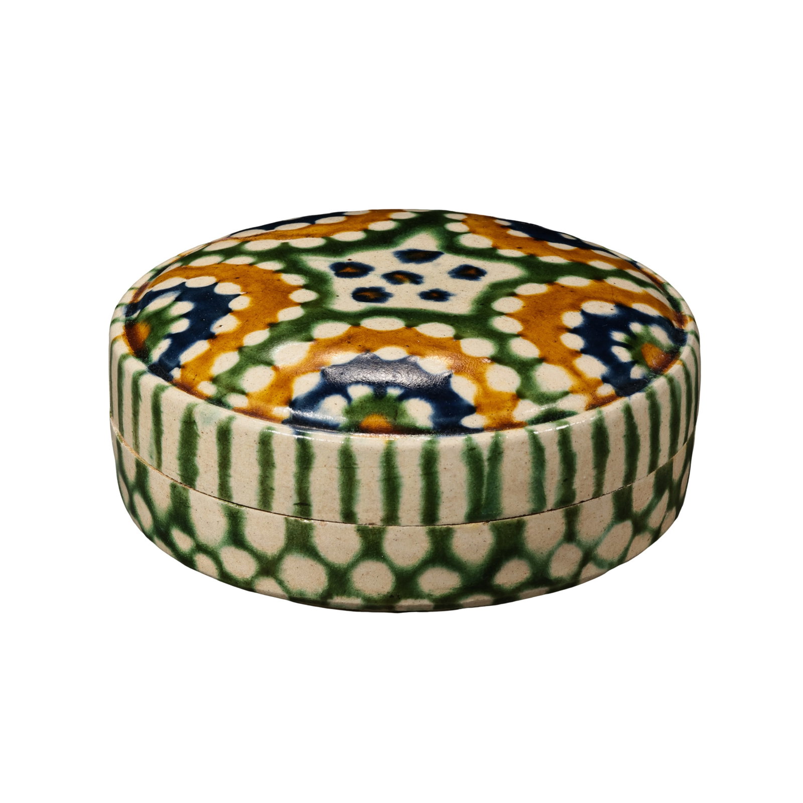 Tang Sancai Dotted Geometric Flat Round Cosmetic Box,Tang Dynasty (7th-10th Century): Dimensions: Diameter 9cm (3.54in), Height 3.5cm (1.38in), Tang Dynasty, 7th to 10th CenturyCondition & Provenance: The lid and base are original matching set, no cracks, chips or restorations of any k