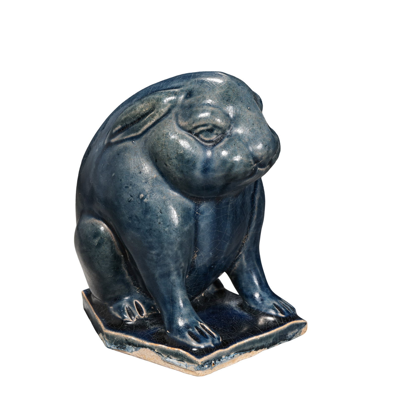 Tang Cobalt Blue Glaze Seated Rabbit Ceramic Sculpture,Tang Dynasty (7th-10th Century): Dimensions: Overall Height 10cm (3.94in), Base Length 6cm (2.36in), Tang Dynasty, 7th to 10th CenturyCondition & Provenance: The whole sculpture is fully intact with no cracks, chips or restorations, 