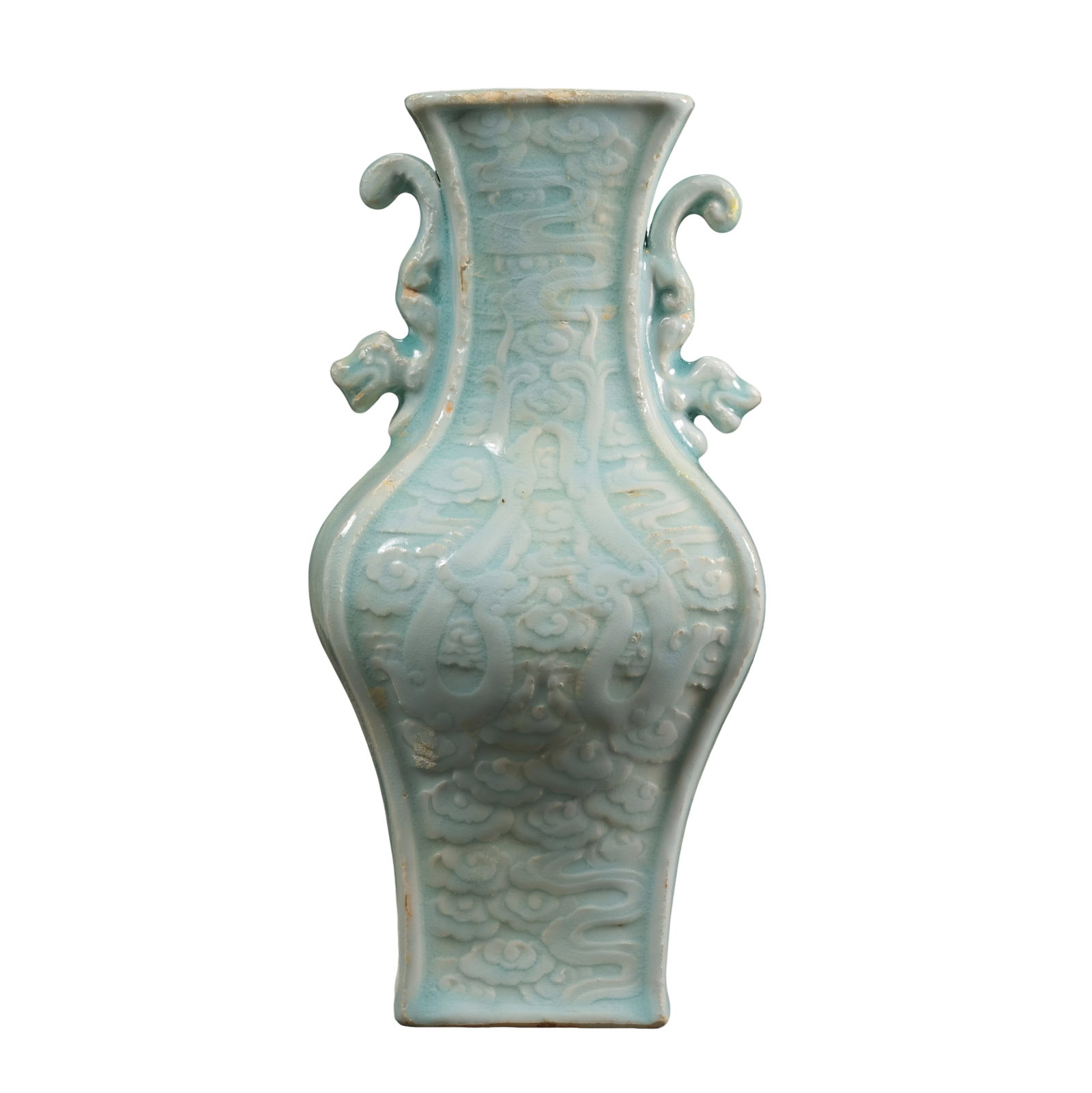 Qing Dynasty Light Celadon Relief Twin Dragon Cloud Pattern Chi Dragon Eared Square Flat Vase,Qing: Dimensions: Overall Height 21.5cm (8.46in), Mouth Width 10cm (3.94in), Qing Dynasty, 17th to 20th CenturyCondition & Provenance: The entire vase is fully intact without cracks, chips or restorations, 