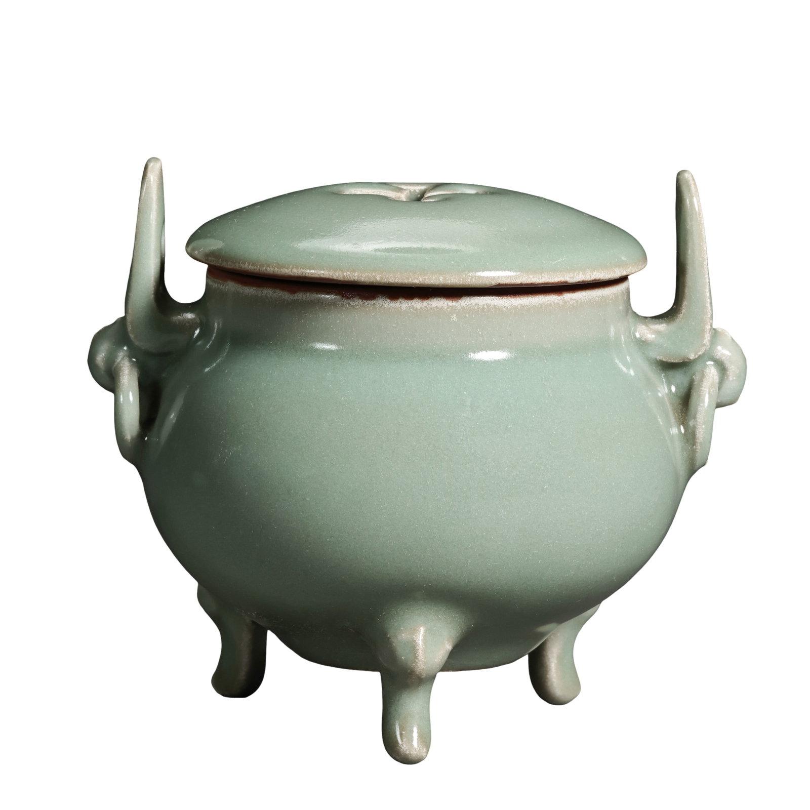Yuan Dynasty Longquan Kiln Pale Celadon Censer with Twin Looped Handles and Three Feet,Yuan Dynasty: Dimensions: Overall Height 9cm (3.54in), Belly Diameter 9.5cm (3.74in), Yuan Dynasty, 13th to 14th CenturyCondition & Provenance: The censer body and vented lid form an original matching set, fully in