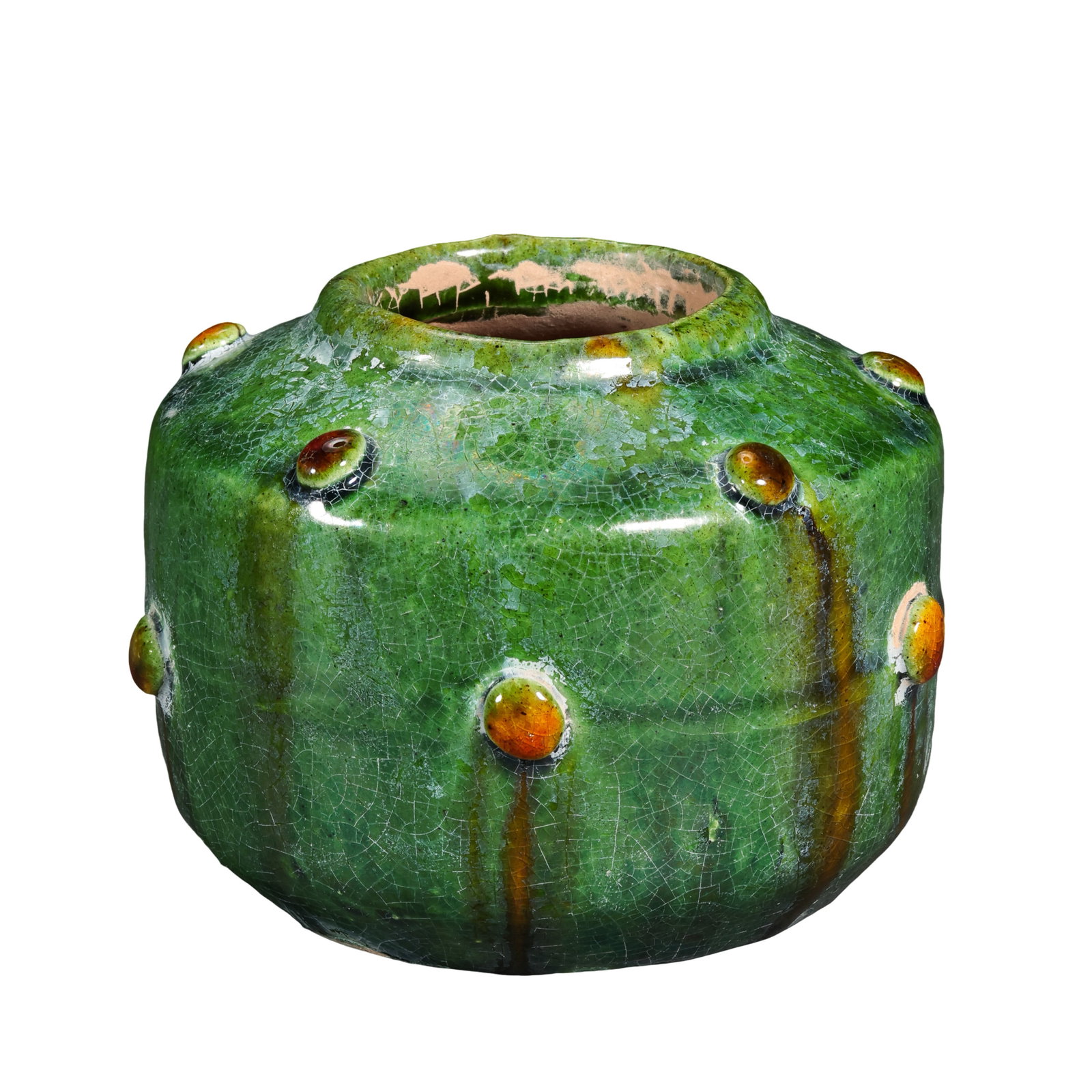 Tang Dynasty Sancai Green Glazed Mini Water Pot with Stud Ornaments,Tang Dynasty (7th-10th Century): Dimensions: Height 7cm (2.76in), Max Belly Diameter 8cm (3.15in), Tang Dynasty, 7th to 10th CenturyCondition & Provenance: The vessel is fully intact without cracks, chips or restorations. The glaze i
