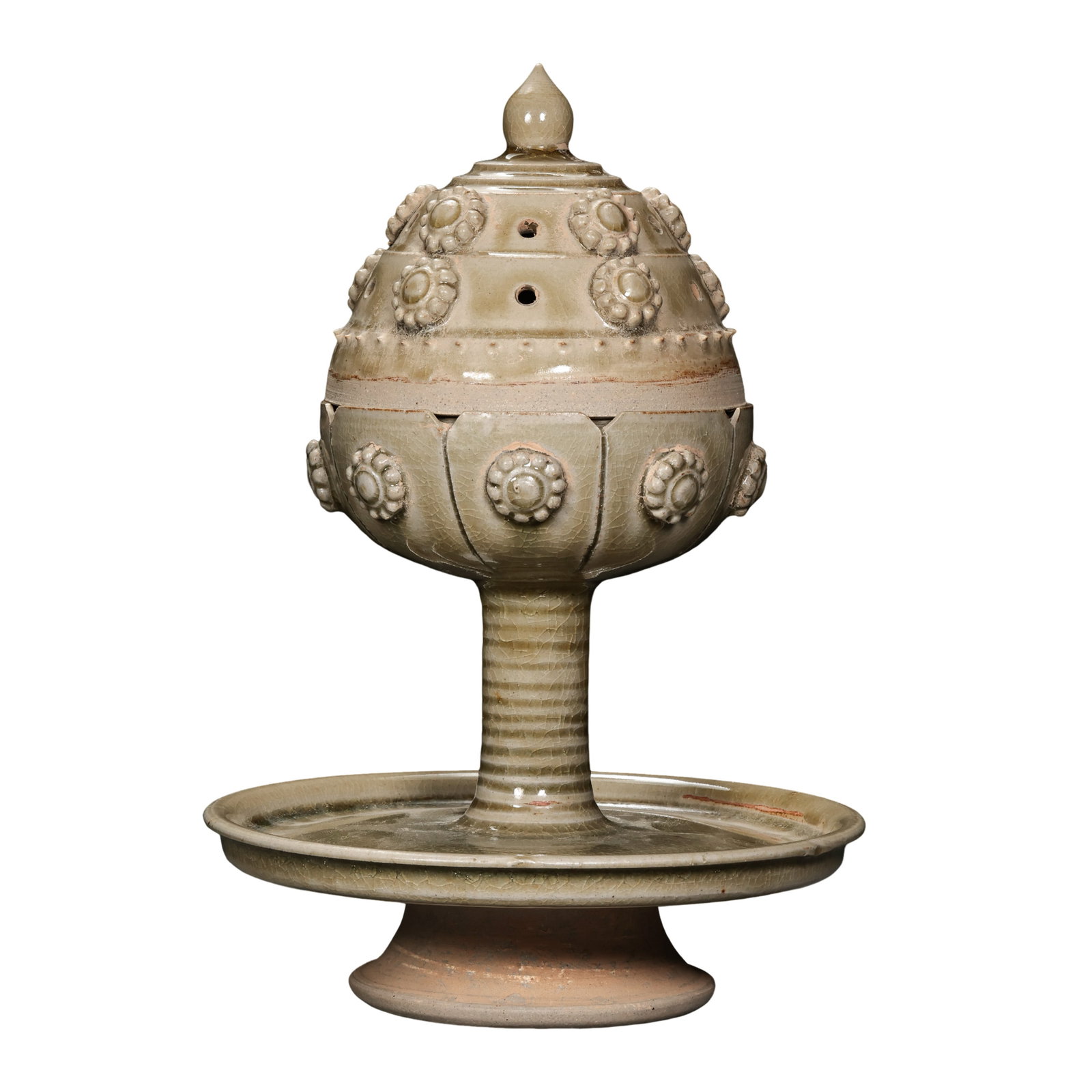 Northern and Southern Dynasties Yue Ware Celadon Boshan Incense Burner with Applied Lotus Relief &: Dimensions: Overall Height 23cm (9.06in), Max Tray Diameter 16cm (6.30in), Northern and Southern Dynasties, 5th to 6th CenturyCondition & Provenance: The dome lid, main burner body, spiral stem and su