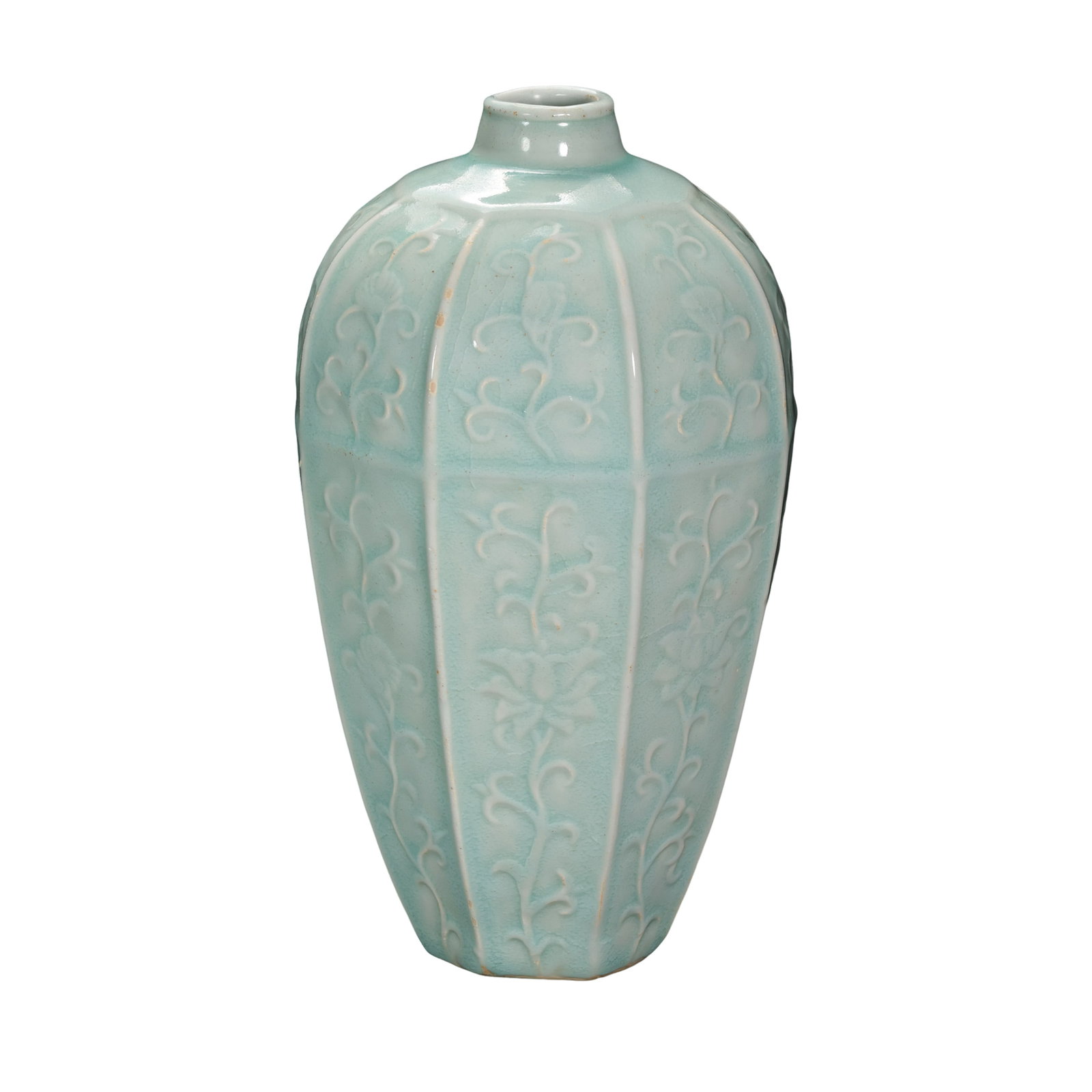 Southern Song Longquan Kinuta Celadon Octagonal Prunus Vase with Carved Interlocking Floral: Dimensions: Overall Height 23.5cm (9.25in), Southern Song Dynasty, 12th to 13th CenturyCondition & Provenance: The vase is fully intact without cracks, chips or restored sections. The entire surface i