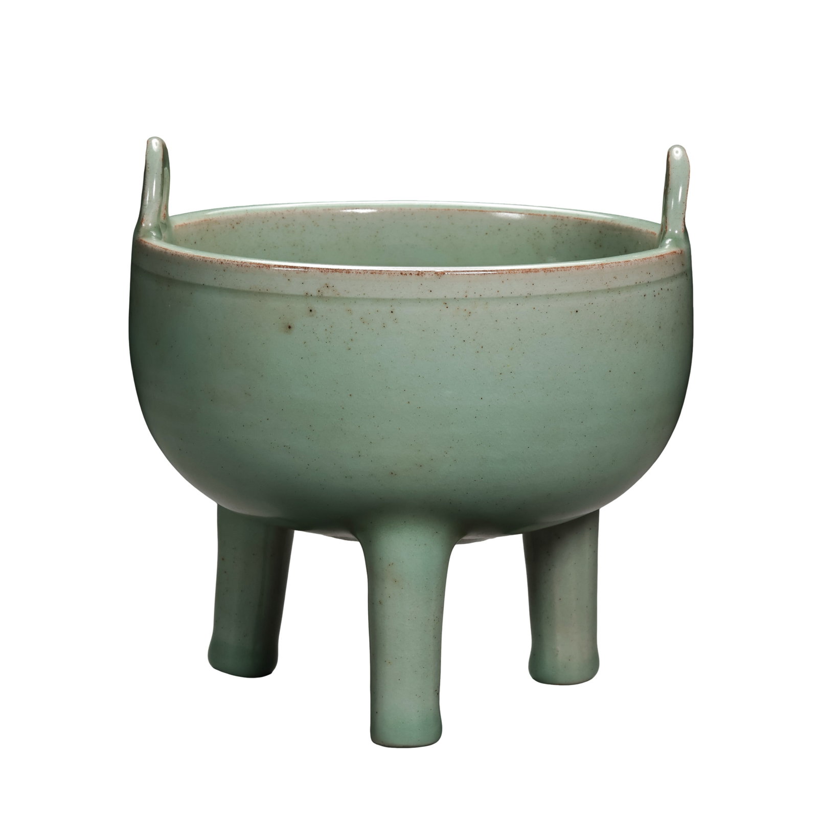 Yuan Dynasty Longquan Celadon Tripod Censer with Twin Loop Handles,Yuan Dynasty (13th-14th Century): Dimensions: Rim Diameter 13cm (5.12in), Overall Height 13.7cm (5.39in), Yuan Dynasty, 13th to 14th CenturyCondition & Provenance: The entire censer is fully intact, free of cracks, chips or restoratio