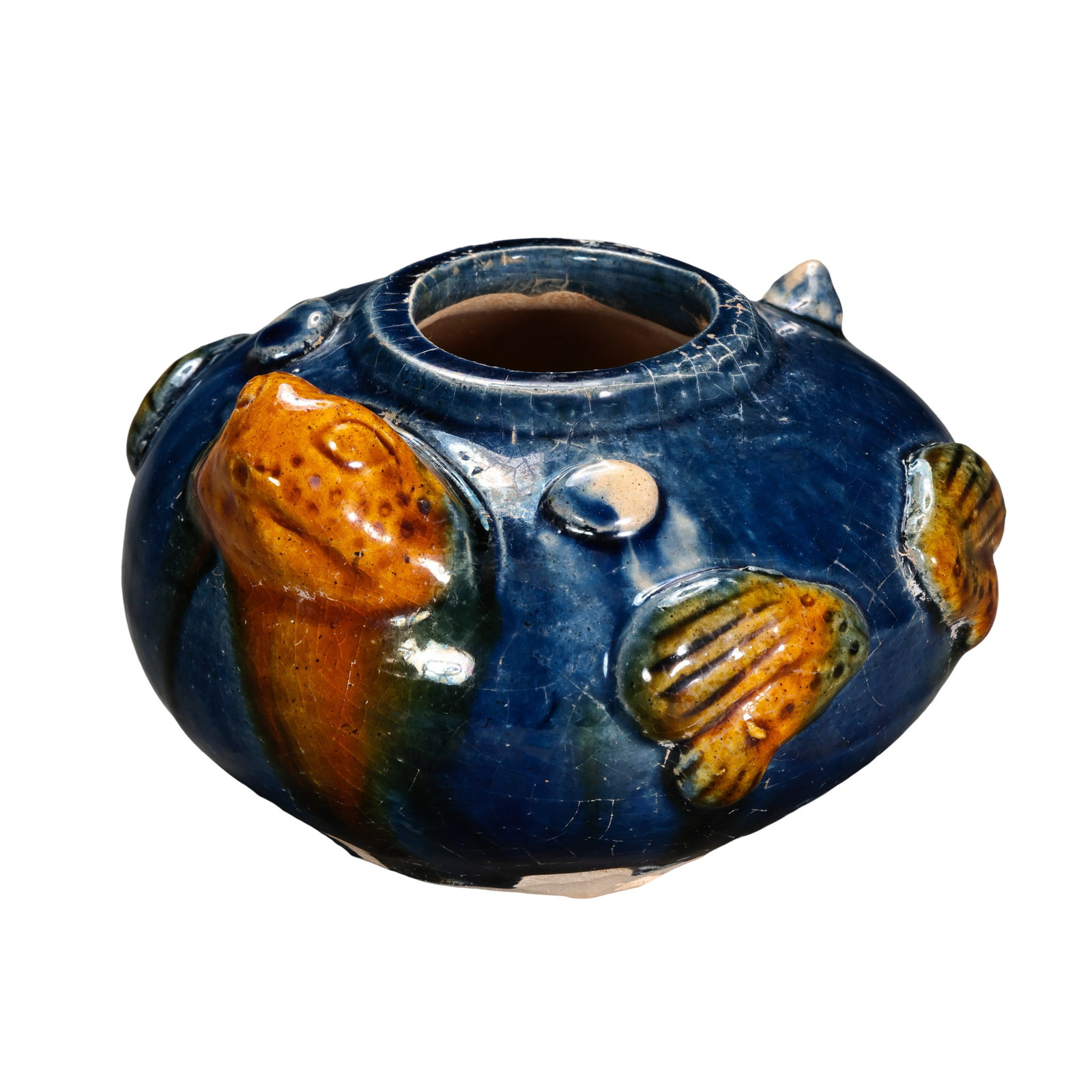 Tang Dynasty Tri-Color Water Pot With Frog & Shell Appliqué On Cobalt Blue Ground,Tang Dynasty: Dimensions: Max Belly Diameter 9.5cm (3.74in), Overall Height 6.5cm (2.56in), Tang Dynasty, 7th to 10th CenturyCondition & Provenance: The vessel is fully intact without penetrating cracks, major loss
