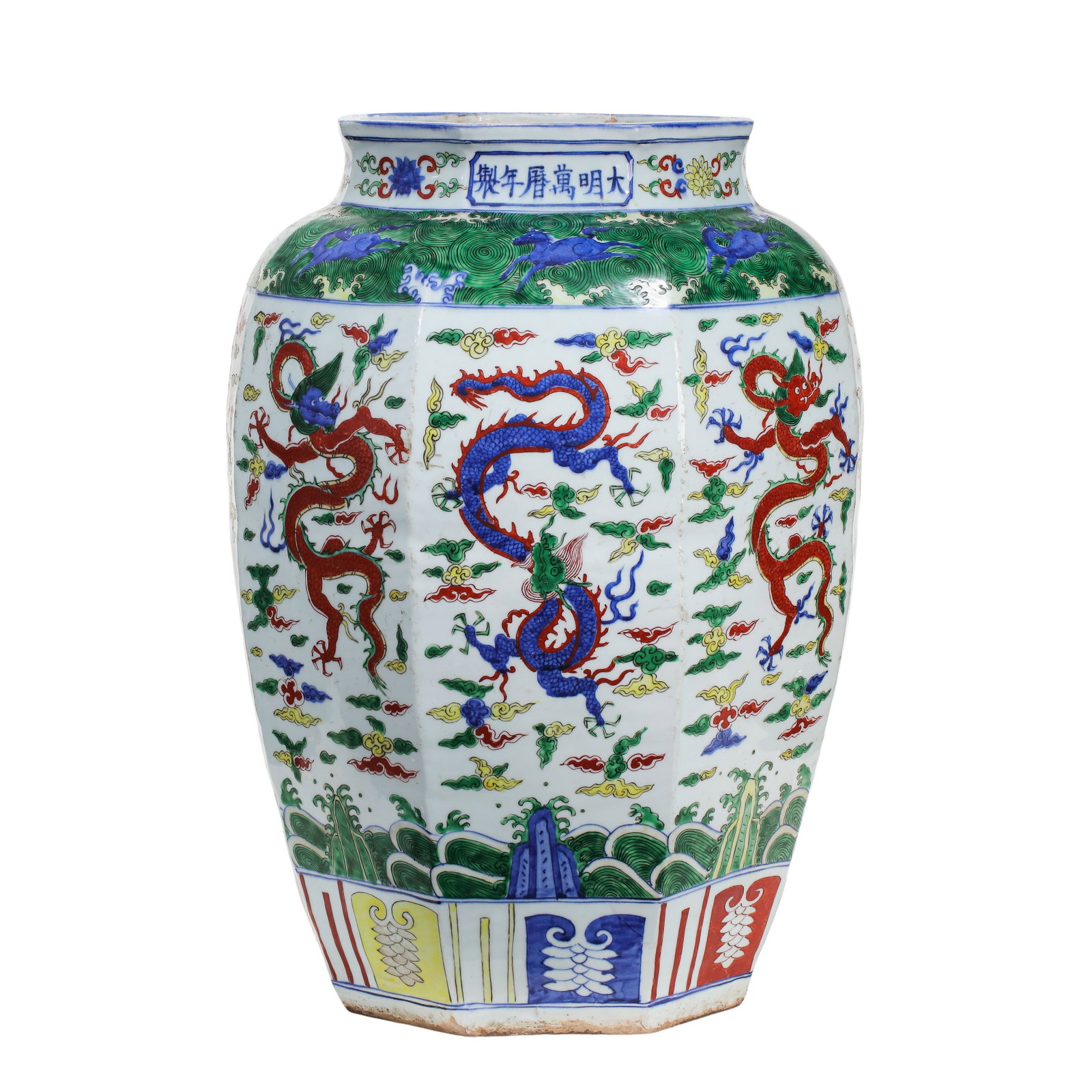 Wucai Octagonal Large Jar with Five Dragons, Auspicious Clouds, Sea Waves and Mythical Horses,: Dimensions: Overall Height 65cm (25.59in), Rim Diameter 31cm (12.20in), Ming Dynasty, 16th to 17th CenturyCondition & Provenance: Category: Ming & Qing Porcelain, primary market destination: New York 