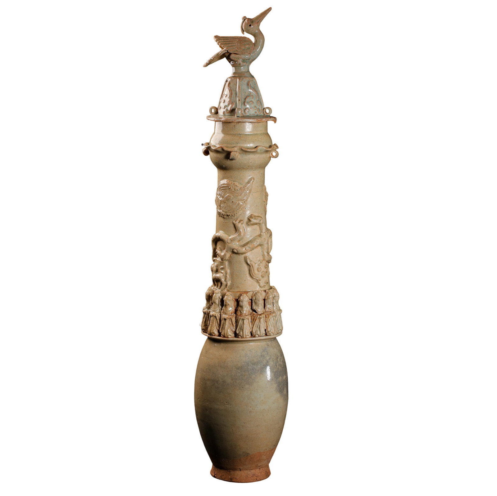 Song-Yuan Qingbai Porcelain Long-necked Soul Vase with Relief Crane, Dragon & Human Figures: Dimensions: Overall Height 78cm (30.71in), Max Width of Lid 14cm (5.51in), Song and Yuan DynastyCondition & Provenance: Category: Pre-Ming Ancient Chinese Porcelain, primary trading market Hong Kong. 