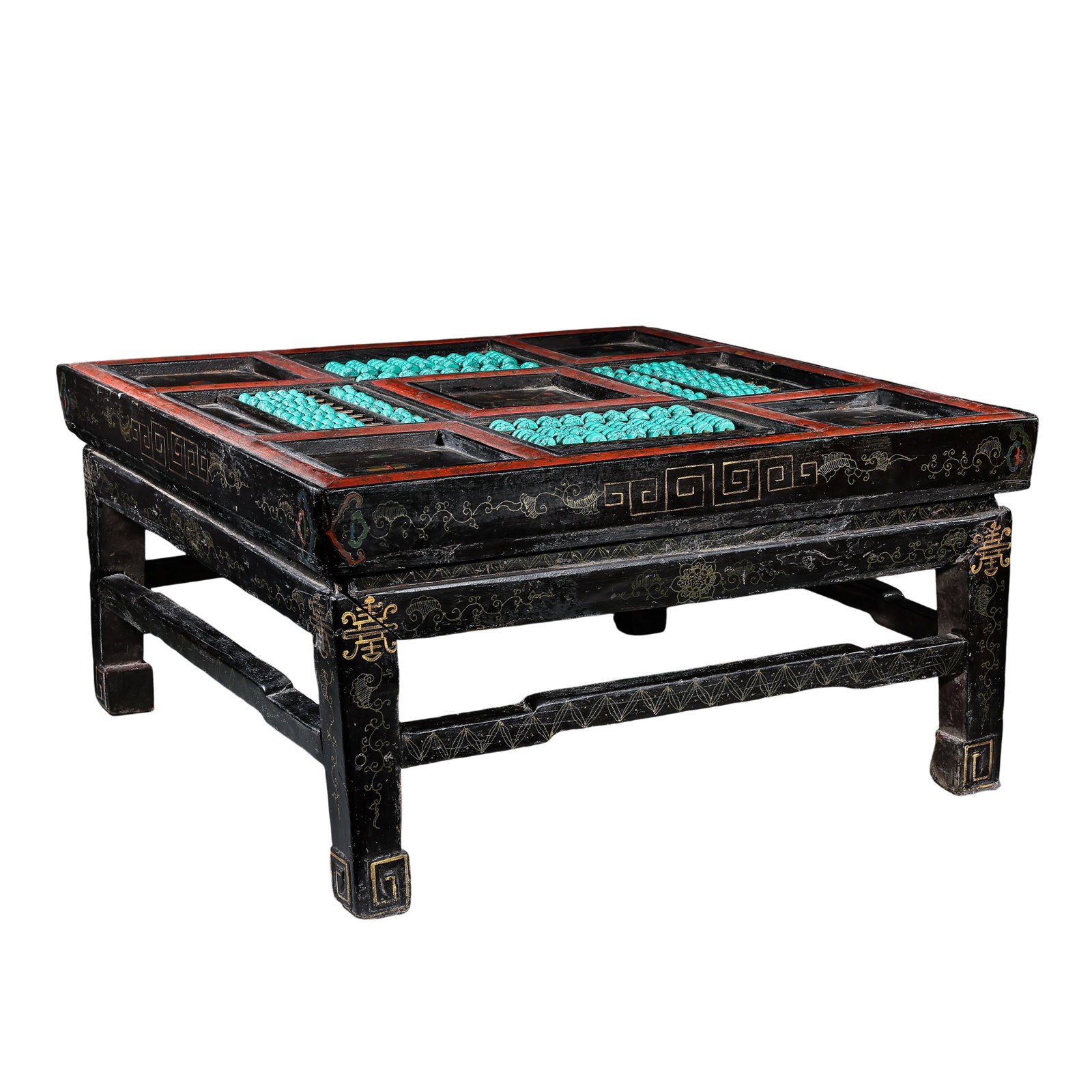 Qing Dynasty Black Lacquer Gold Painted Square Abacus Table with Hidden Eight Immortals Motifs: Dimensions: Side Length 66cm (25.98in), Overall Height 34.5cm (13.58in), Qing DynastyCondition & Provenance: Category: Chinese Scholar’s Miscellaneous Art, primary trading hubs New York and Vancouve