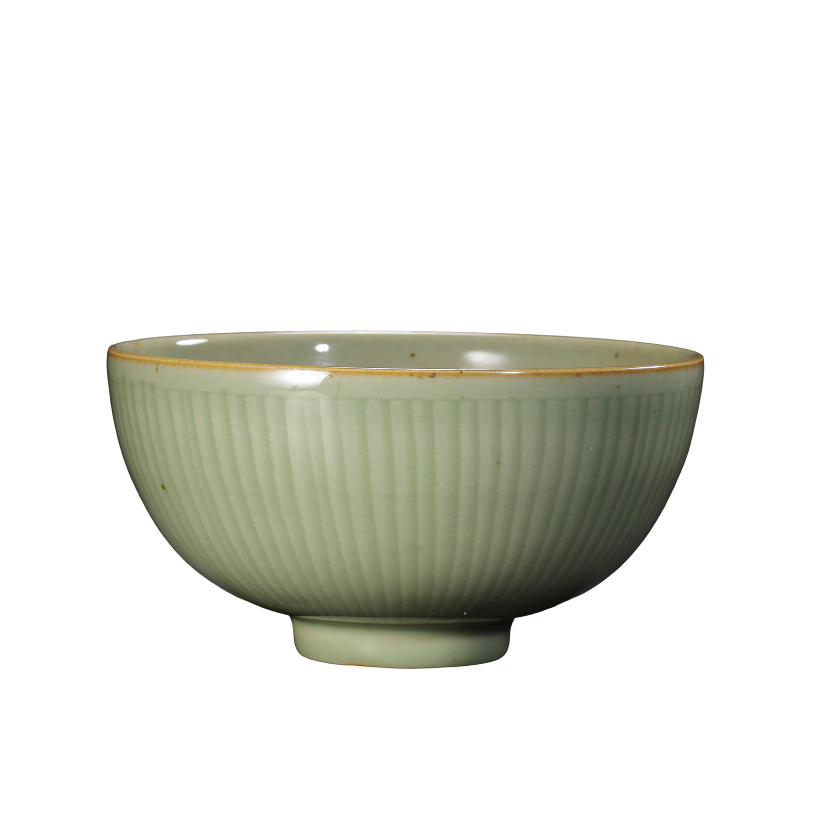 Early Ming Dynasty Longquan Kiln Pale Celadon Chrysanthemum Ribbed Deep Bowl, 15th Century: Measurements:Mouth diameter: 14.7 centimeters / 5.79 inches, Height: 7.6 centimeters / 2.99 inches, 15th Century productionCondition & Provenance:This bowl is completely intact with zero cracks, chips