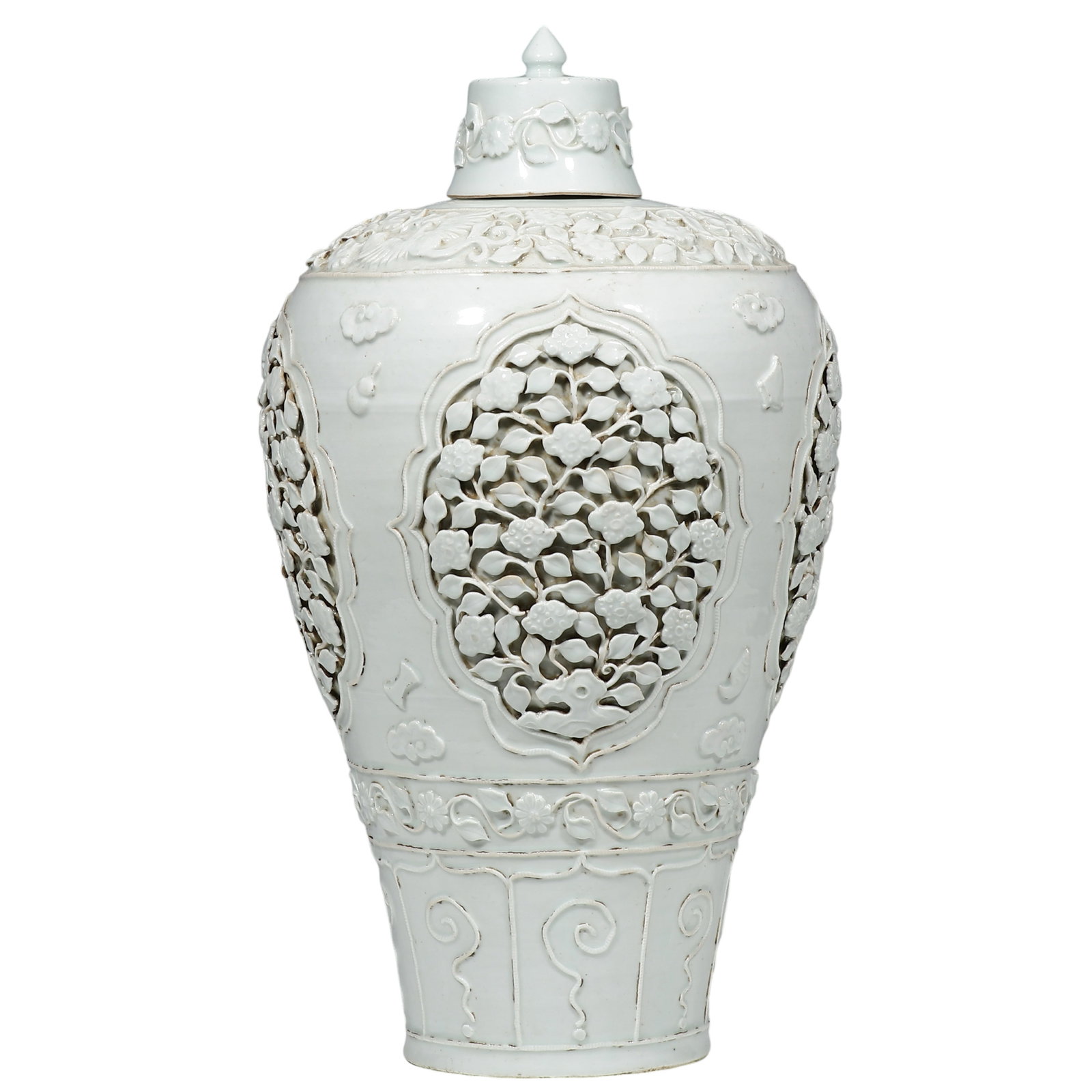 Dynasty Egg-White-Glazed Covered Meiping with Pierced Floral Panels and Applied Relief: Dimensions 47 cm (approximately 18.50 in); Yuan Dynasty, 13th–14th centuryCondition and Provenance original matching cover is preserved, and the vessel remains overall in well-preserved condition, r