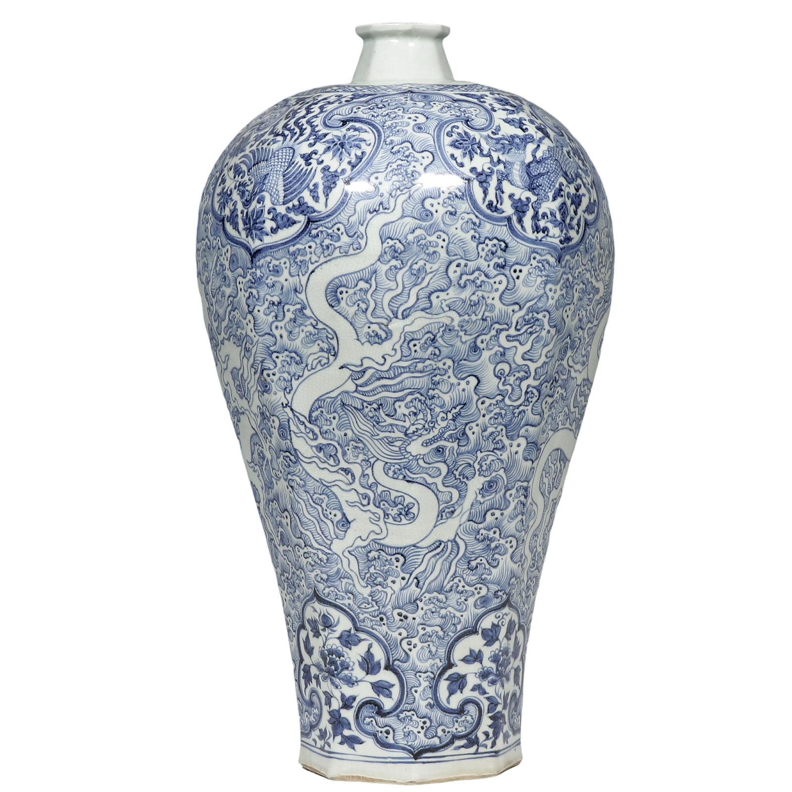 Dynasty Blue-and-White Octagonal Meiping with Reserved White Dragons amid Waves: Dimensions 55 cm (approximately 21.65 in); Yuan Dynasty, 13th–14th centuryCondition and Provenance in well-preserved condition, retaining its complete faceted mouth, short neck, broad shoulders, eig
