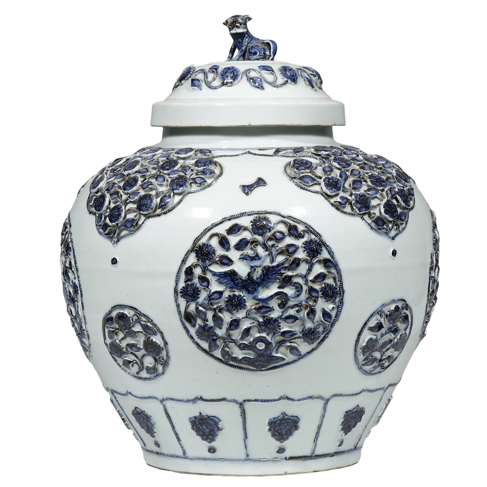 Dynasty Blue-and-White Large Covered Jar with Molded and Applied Floral-and-Bird Relief and Beast: Dimensions height 40 cm (approximately 15.75 in); Yuan Dynasty, 13th–14th centuryCondition and Provenance jar is preserved as a complete covered vessel, with the fitted lid, modeled beast finial, ap
