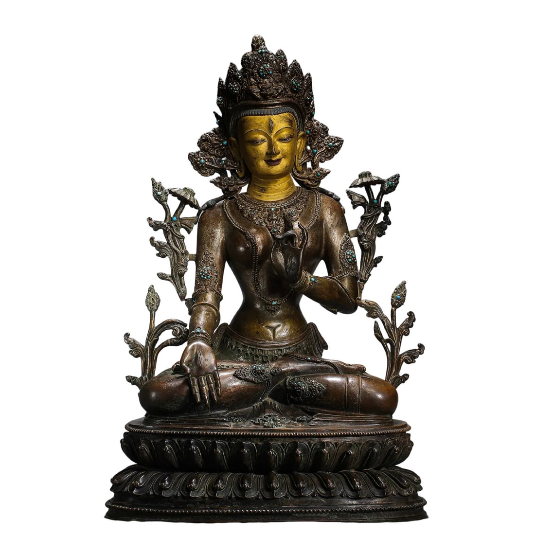 18th Century Tibetan Bronze Inlaid Turquoise Gilded White Tara Seated Statue,18th Century (1 of 13)