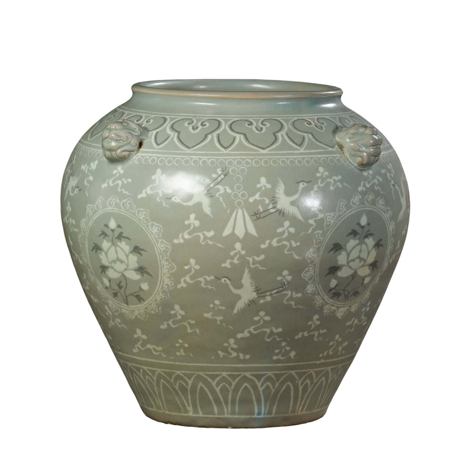 Koryo Celadon Inlaid Cloud?Crane & Peony Large Jar with Beast?Head Bosses,13th?14th Century (1 of 10)