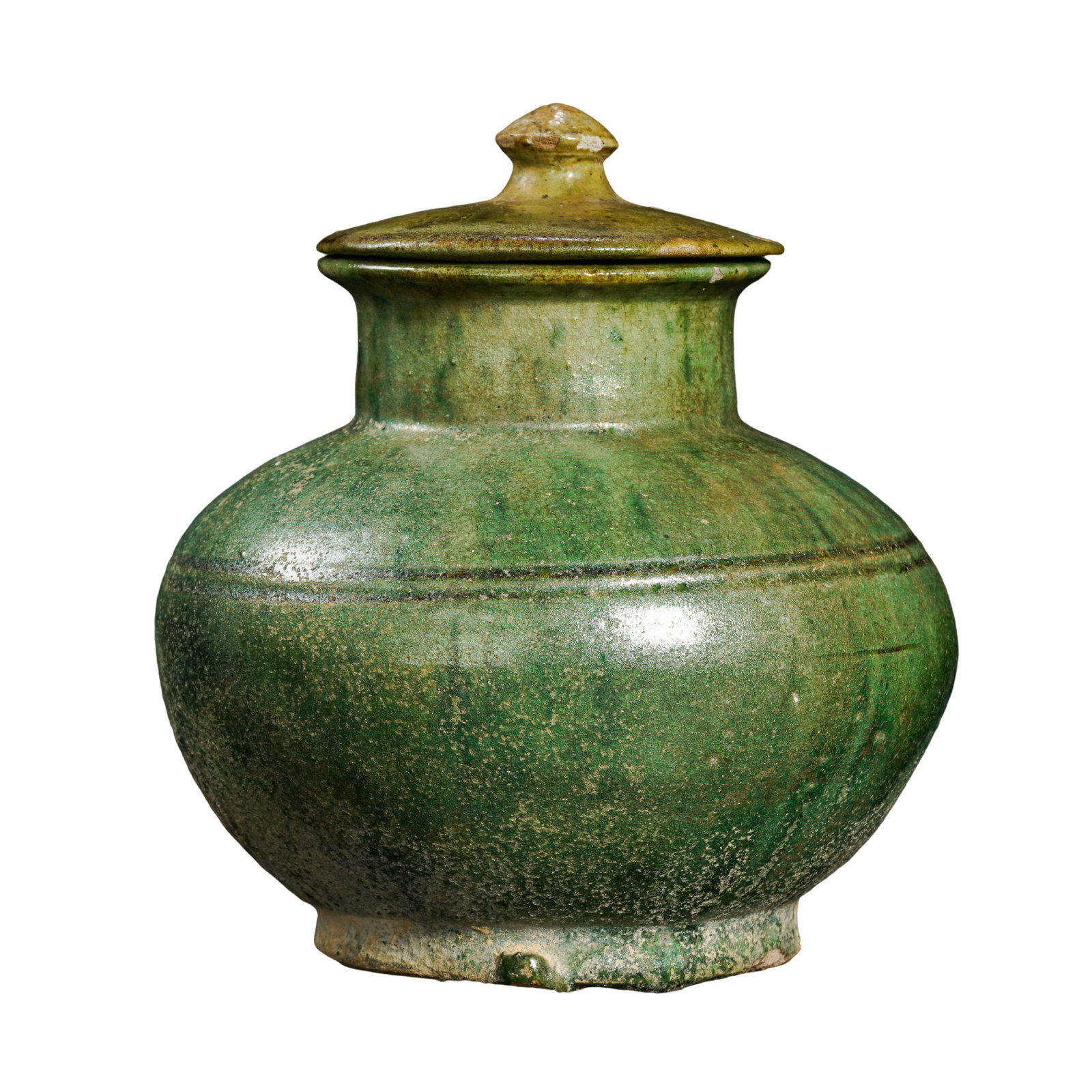 Han?Dynasty Green?Glazed Pottery Covered Jar with Incised Bow?String Lines,2nd Century: Measurements:Overall height 12.5 cm / 4.92 inches,2nd Century BCE?2nd Century CE Han DynastyCondition & Provenance:The jar survives together with its original matching cover, free of penetrating crack
