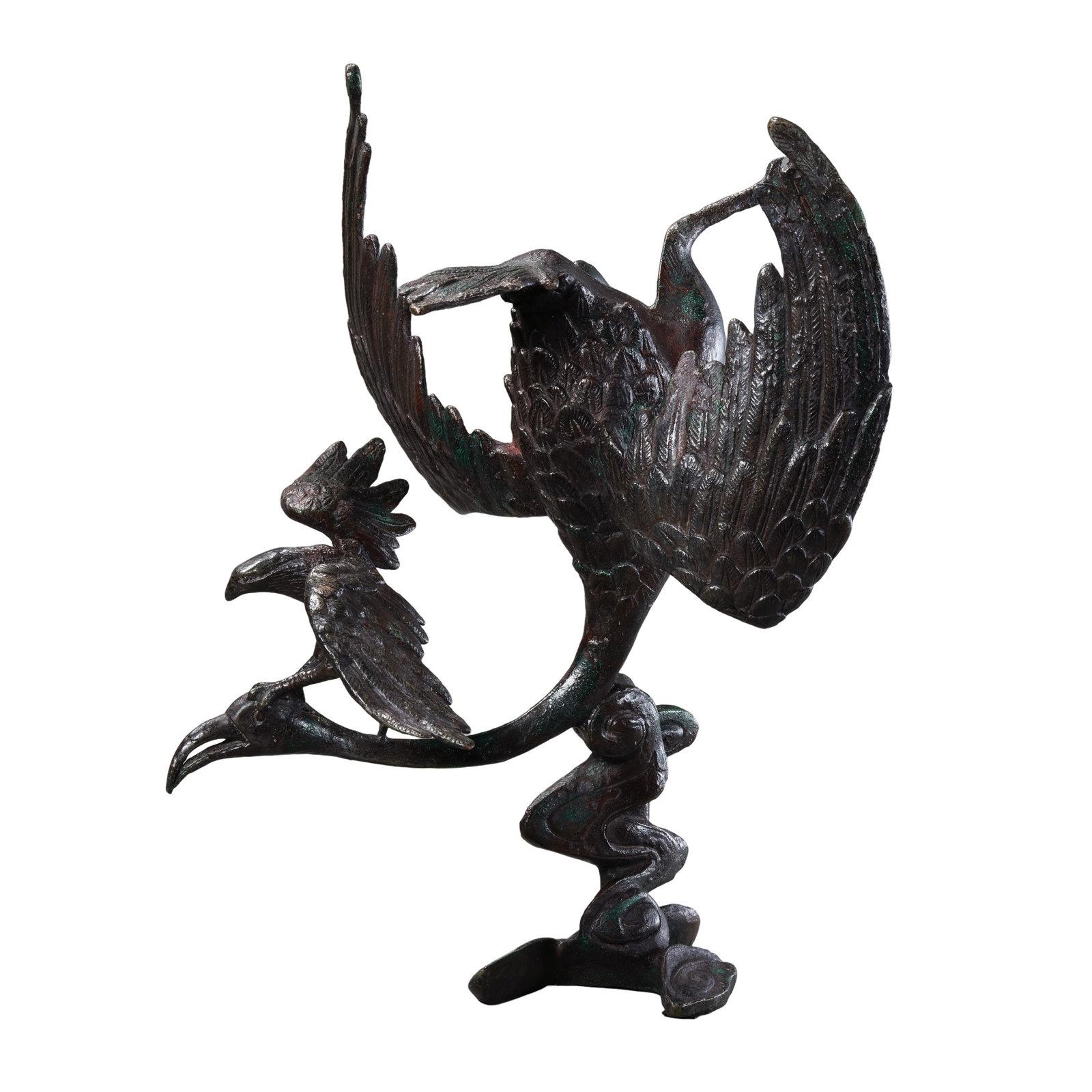 Liao?Jin Dynasty Bronze Ornament of Goshawk Hunting Swan,10th?13th Century,: Dimensions:Height 26cm,width 17cm,weight 1380gCondition & Provenance:The sculpture is fully assembled and intact,swan,goshawk and cloud?form base are preserved without breaks or losses.Surface bears d