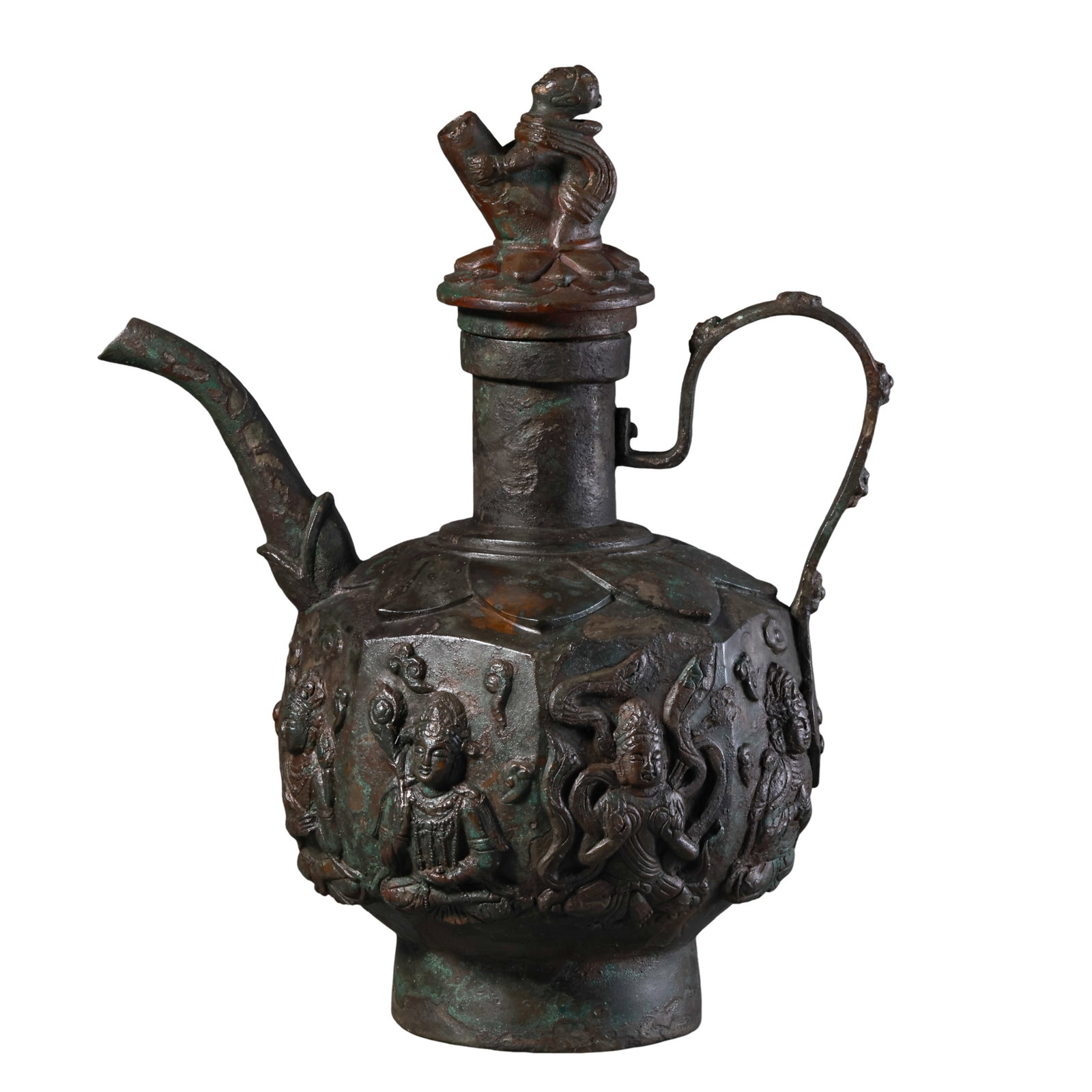 Liao Dynasty Cast Bronze Ewer with Relief Bodhisattva Motifs & Lotus Monkey Finial,10thâ€“12th: Measurements:Overall height 27.5 cm / 10.83 inches, maximum width of body 22 cm / 8.66 inches, weight 2232 grams, 10th to 12th Century Liao DynastyCondition & Provenance:The ewer body, handle, spout a