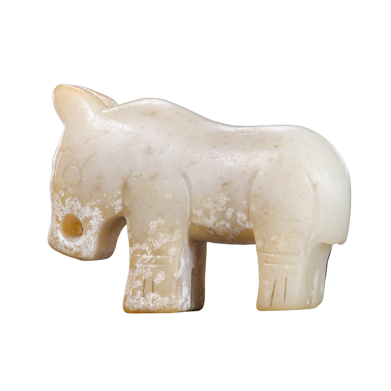 Western Zhou Dynasty Hetian Jade Fully Carved Zoomorphic Beast Pendant,Western Zhou,11th–8th: Measurements:Overall length 4.2 cm / 1.65 inches, overall height 3 cm / 1.18 inches, weight 22 grams, Western Zhou Dynasty, 11th–8th Centuries BCCondition & Provenance:This solid Hetian jade beast i