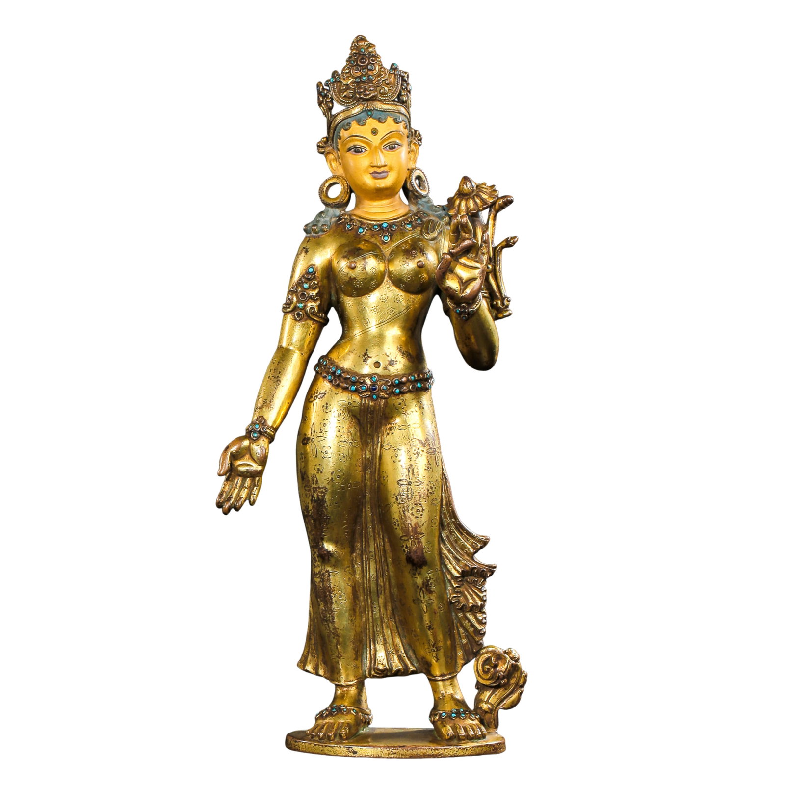 Qing Dynasty Gilt Bronze Standing Tara Statue Inlaid with Turquoise,Qing Dynasty,17th–19th Century: Measurements:Overall height 33 cm / 12.99 inches, width 14.8 cm / 5.83 inches, total weight 2589 grams, Qing Dynasty from 17th to 19th CenturyCondition & Provenance:The entire statue is fully intact w