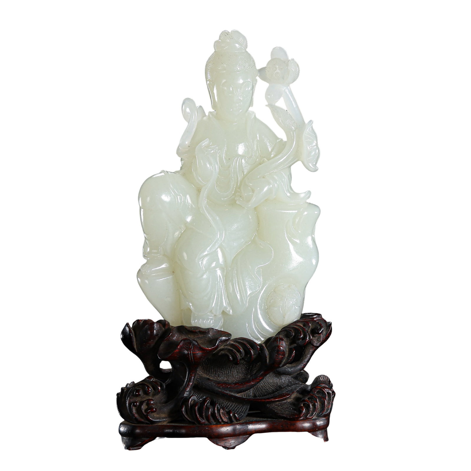Qing Dynasty Hetian White Jade Free Guanyin Seated Statue With Natural Russet Skin Holding (1 of 8)
