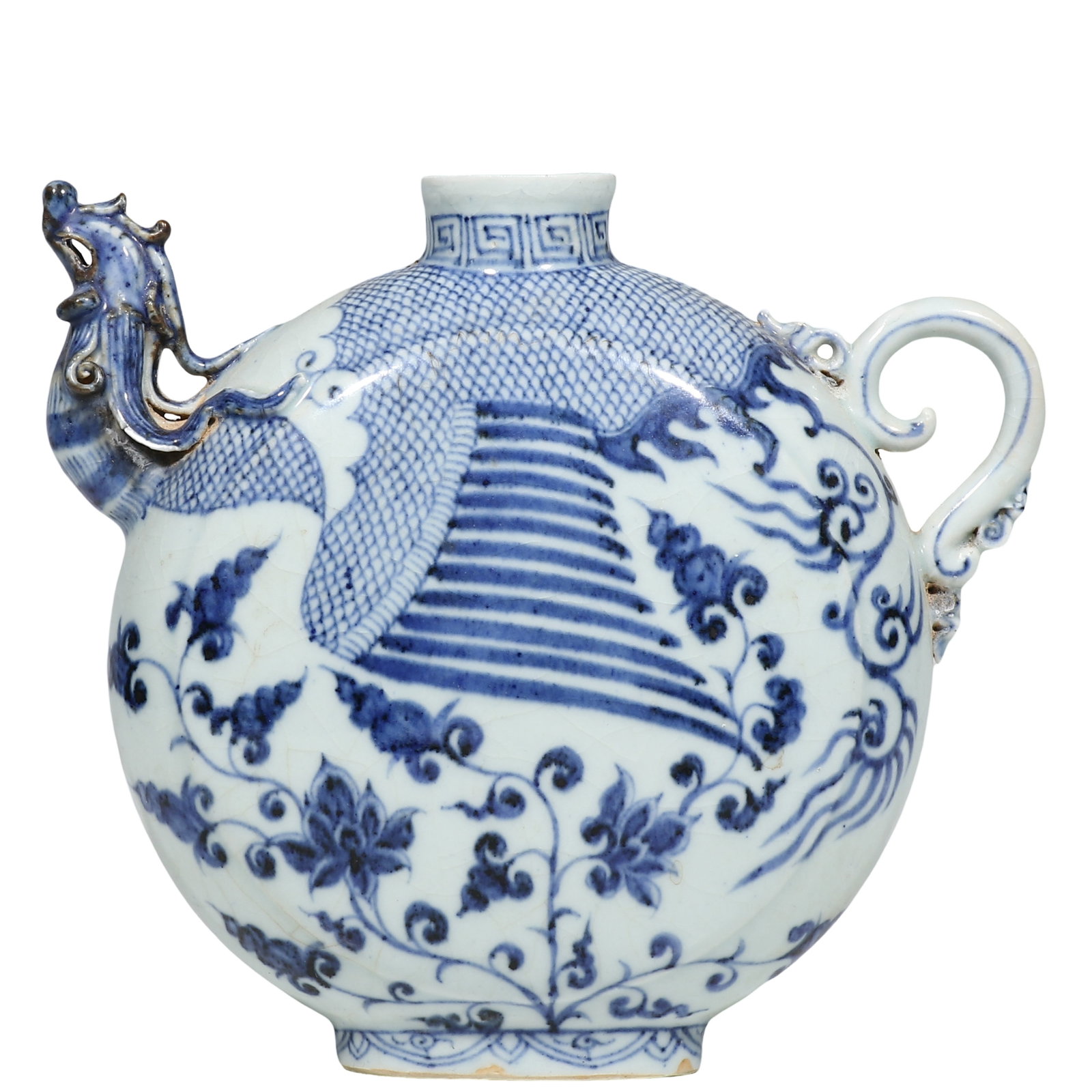 Yuan Blue?and?White Phoenix?Head Flask With Scrolling Florals: Dimensions?H.19cm (7.48 Inches),14th Century Condition & Provenance?The flask remains structurally intact without cracks,the glaze exhibits natural age?related crazing,moulded phoenix spout and scroll