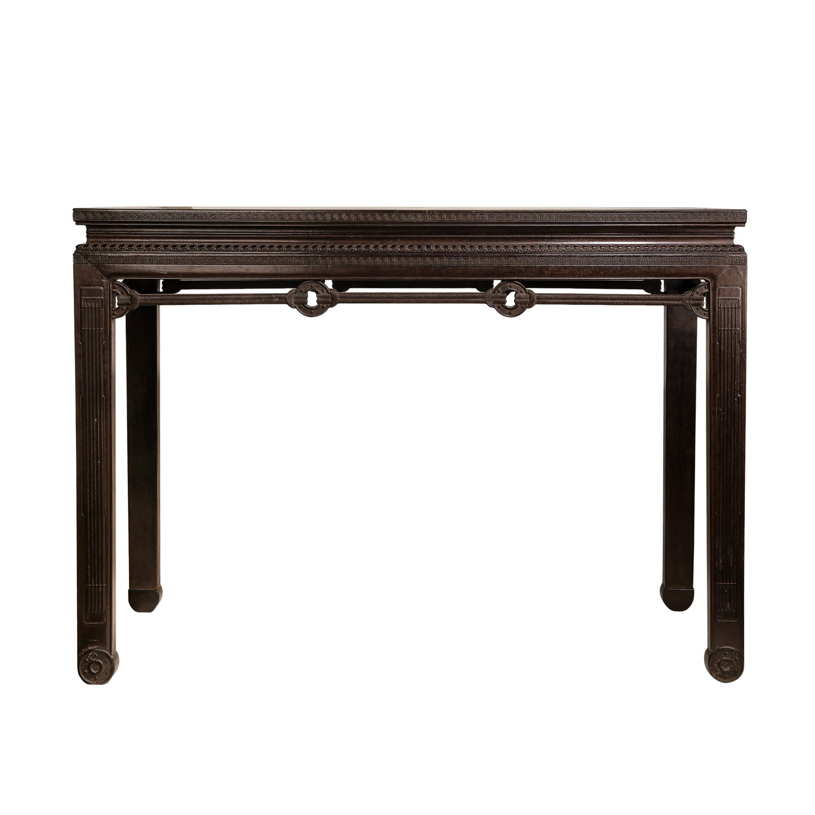 Qing Dynasty Zitan Wood Long Side Table With Rope Pattern And Circular Bi Disc Ornaments,Qing: Measurements:Length 120 cm / 47.24 inches, width unmarked, height 86 cm / 33.86 inches, 19th Century Qing Dynasty, Category: Miscellaneous, Core trading markets: New York State, Vancouvercondition & P