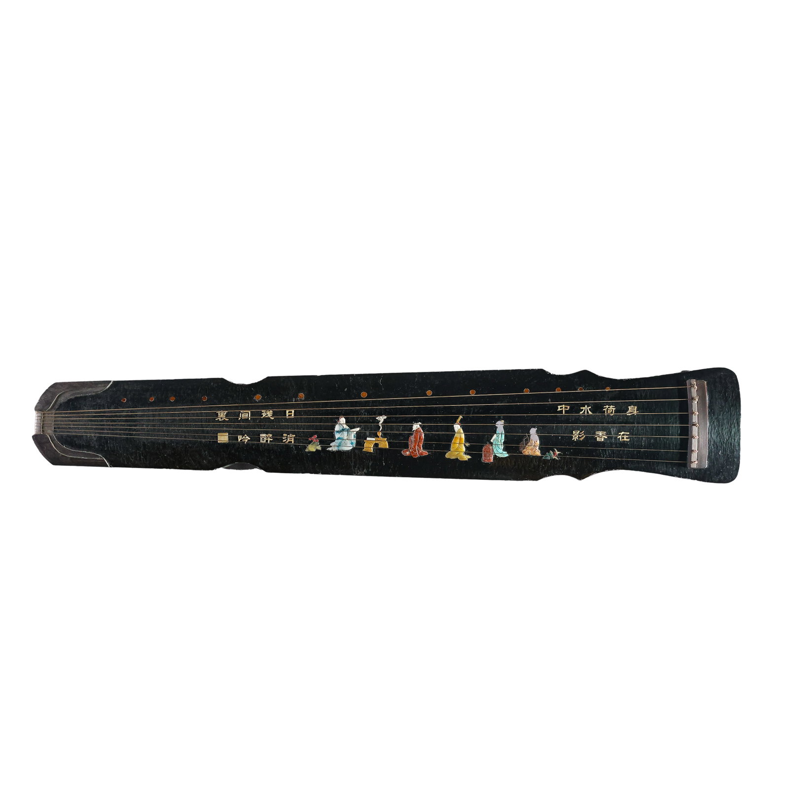 Qing Dynasty Seven-String Guqin "Hai Biao Long Yin" With Precious Stone Inlaid Scholar Gathering: Measurements:Total length 122 cm / 48.03 inches, maximum width 20 cm / 7.87 inches, 19th Century Qing Dynasty, Category: Chinese Curiosities, Core trading markets: New York, VancouverCondition & Prove