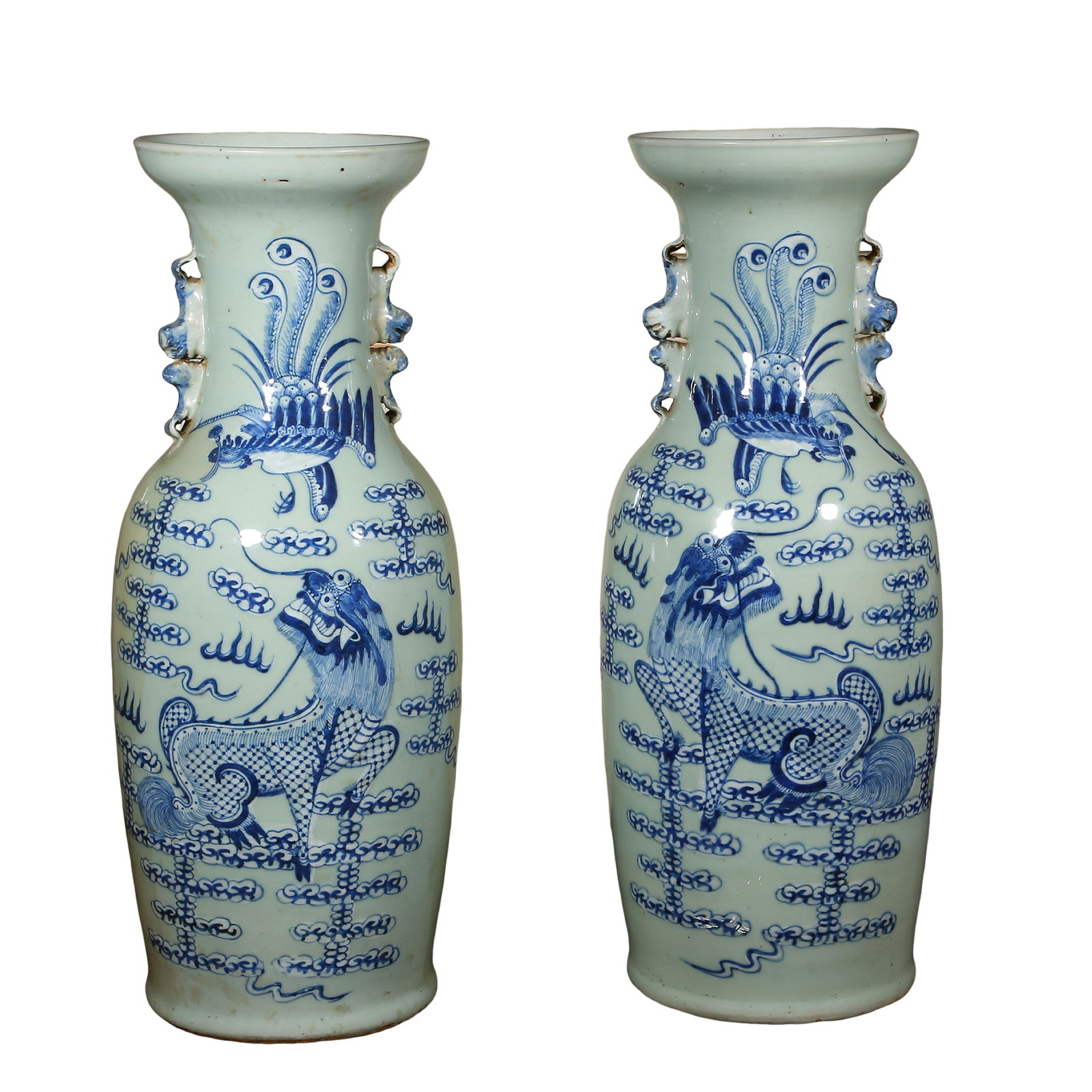 A Pair of Qing Dynasty Pea-Green Glaze Blue and White Vases with Lion and Phoenix Motifs,19th: Measurements:Total height 59 cm / 23.23 inches, mouth diameter 19.5 cm / 7.68 inches, 19th Century Qing Dynasty, Category: Ming & Qing Porcelain, Primary trading markets: California, New York, TexasCo