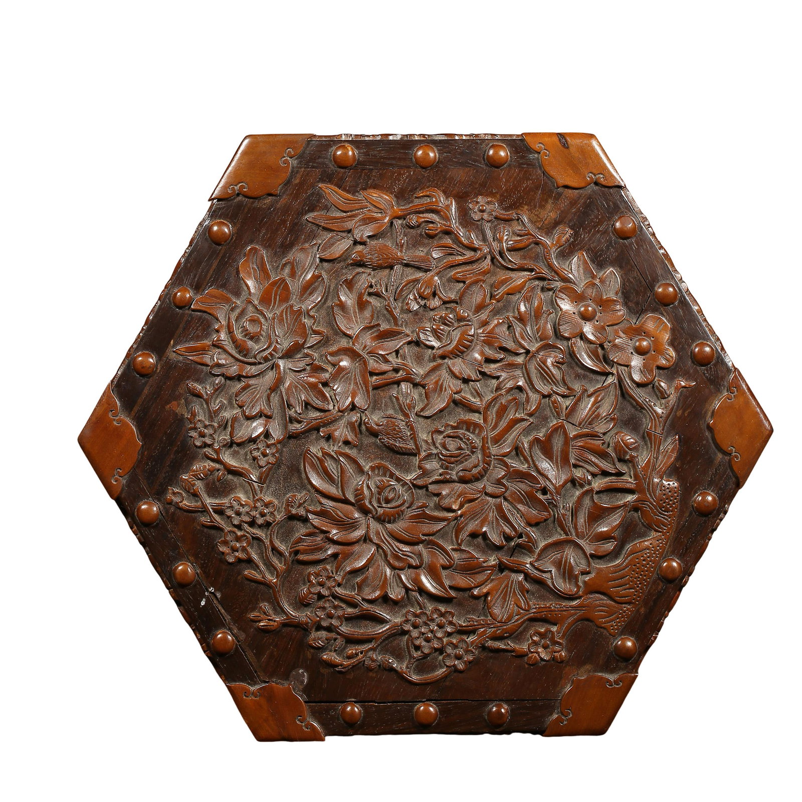Late Qing Red Hardwood Box Inlaid With Boxwood Deep Relief Carved Flower Bird & Chi Dragon Hexagonal: Measurements:Diagonal width 32 cm / 12.60 inches, weight 2450 grams, 19th Century Qing Dynasty, Category: Oriental Woodwork Curios, Primary trading market: New YorkCondition & Provenance:The whole box