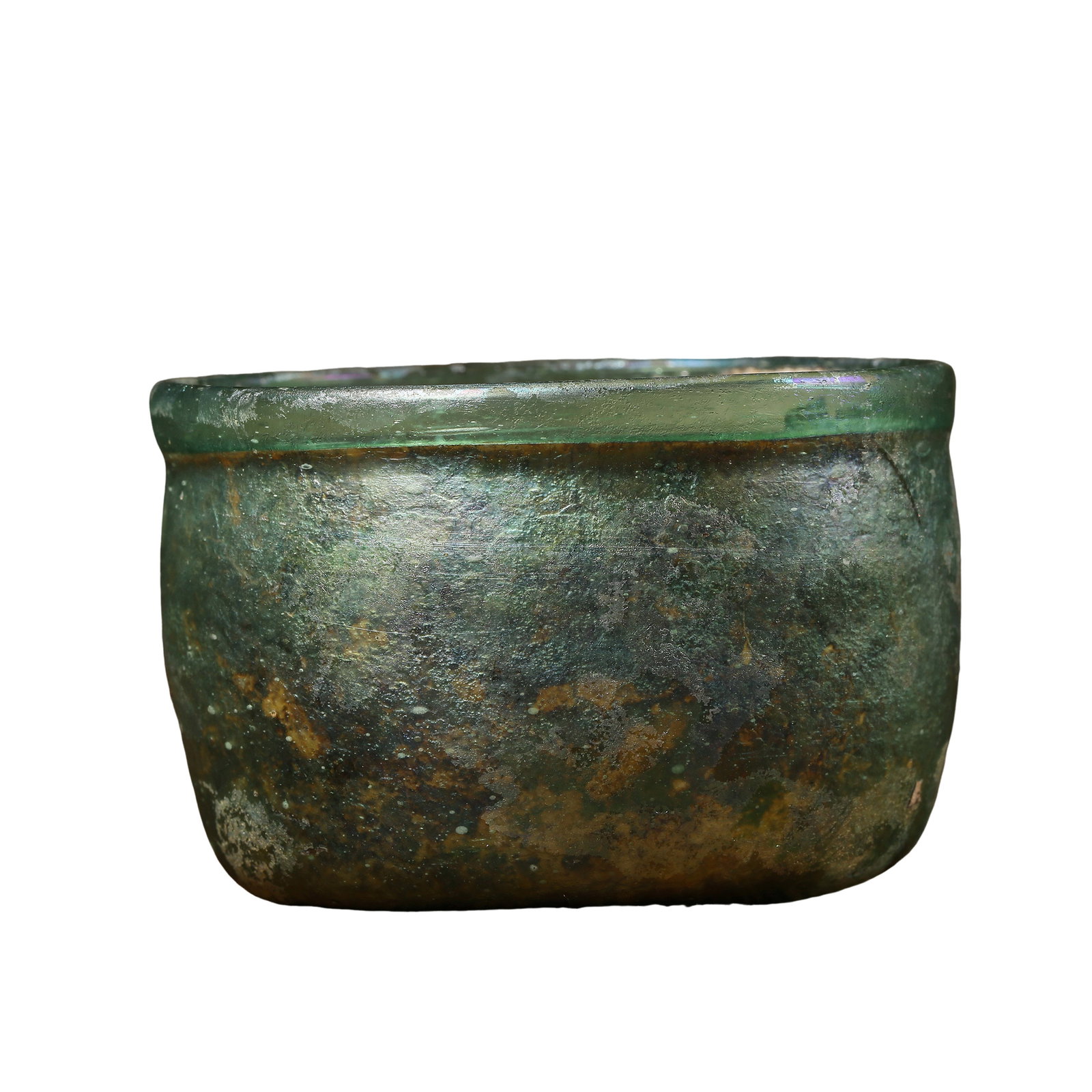 Han Dynasty Green Glass Straight Cup,2nd Century BCE â€“ 2nd Century CE: Measurements:Mouth diameter 8 cm / 3.15 inches, height 5 cm / 1.97 inches, weight 52.6 grams, Han Dynasty, Category: Ancient Glass Curios, Primary trading market: New YorkCondition & Provenance:The ve