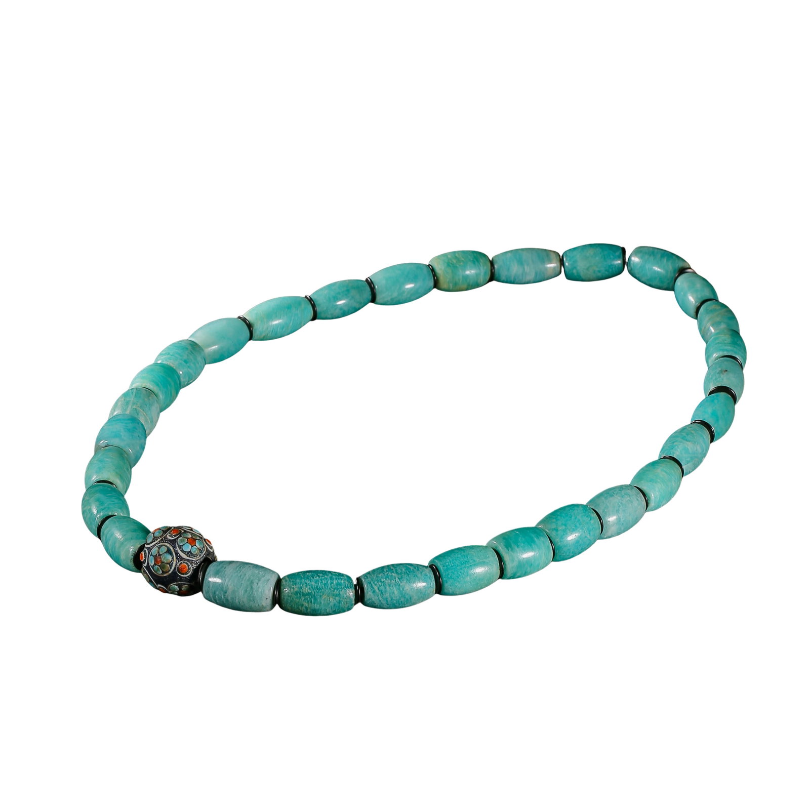 Warring States-Han Amazonite Barrel Bead Necklace with Dragonfly Eye Glass Trade Beads,5th–2nd: Measurements:Single amazonite barrel bead dimension 2.5 cm / 0.98 inches, total weight 246 grams, Warring States to Han Dynasty, Category: Ancient Pre-Song Jade Stone Ornaments, Primary trading market