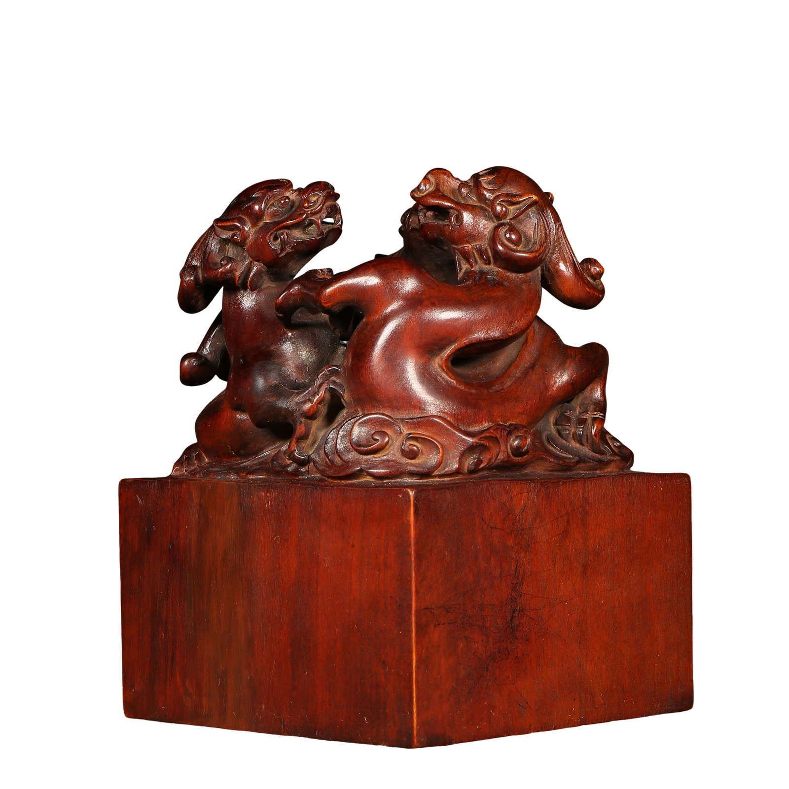 Qing Dynasty Boxwood Square Seal with Triple Chi Dragon Knob,17th–19th Century: Measurements:Overall height 13.5 cm / 5.31 inches, seal face side length 9.8 cm / 3.86 inches, total weight 720 grams, Qing Dynasty, Category: Wood Carving Curios, Primary trading market: New YorkCond