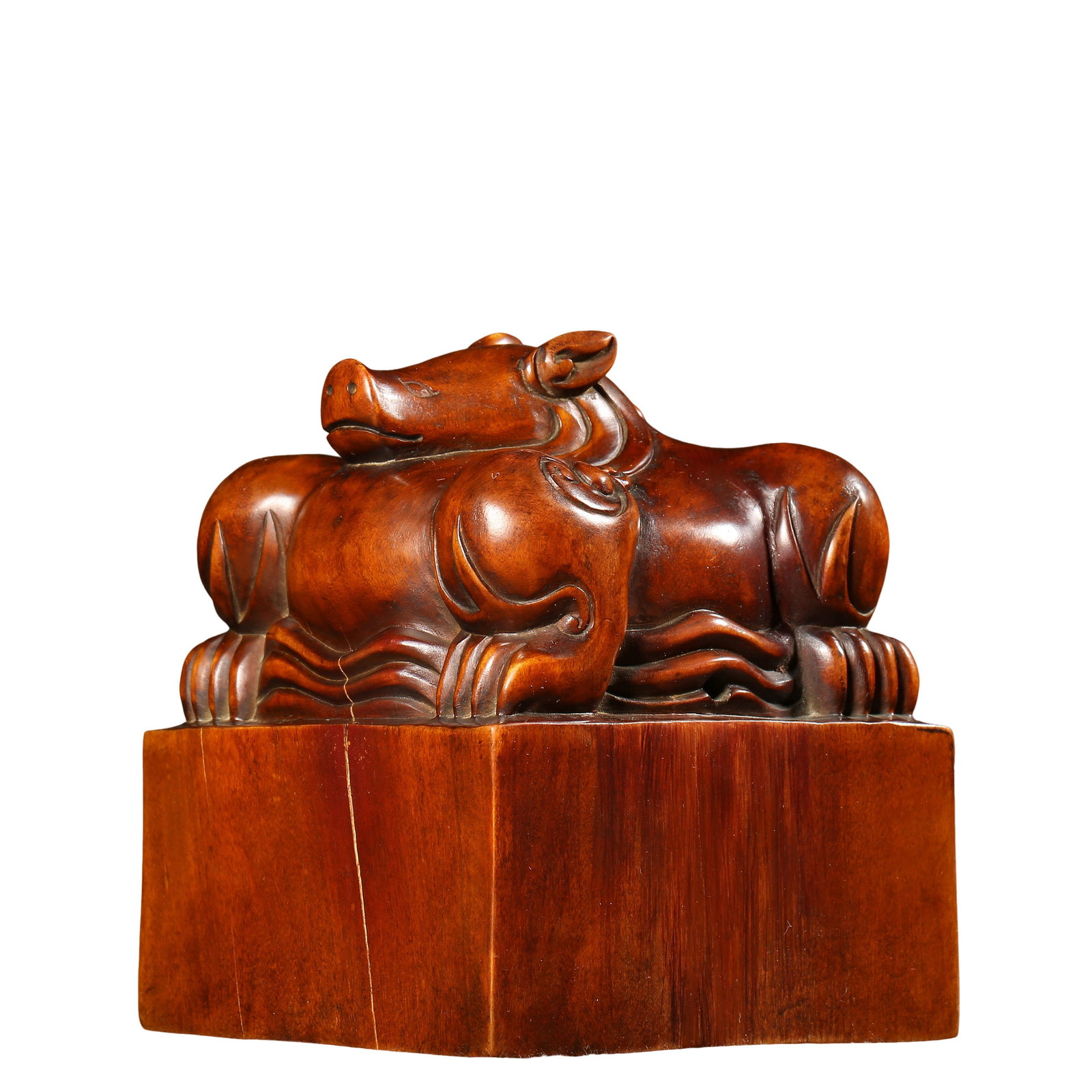 Boxwood Square Seal Recumbent Boar Knob, Qing Dynasty: Measurements:Overall height 10 cm / 3.94 inches, seal face width & length 8.5 cm / 3.35 inches, total weight 510.5 grams, Qing Dynasty, Category: Wooden Scholar’s Seal, Miscellaneous Works of Art, P