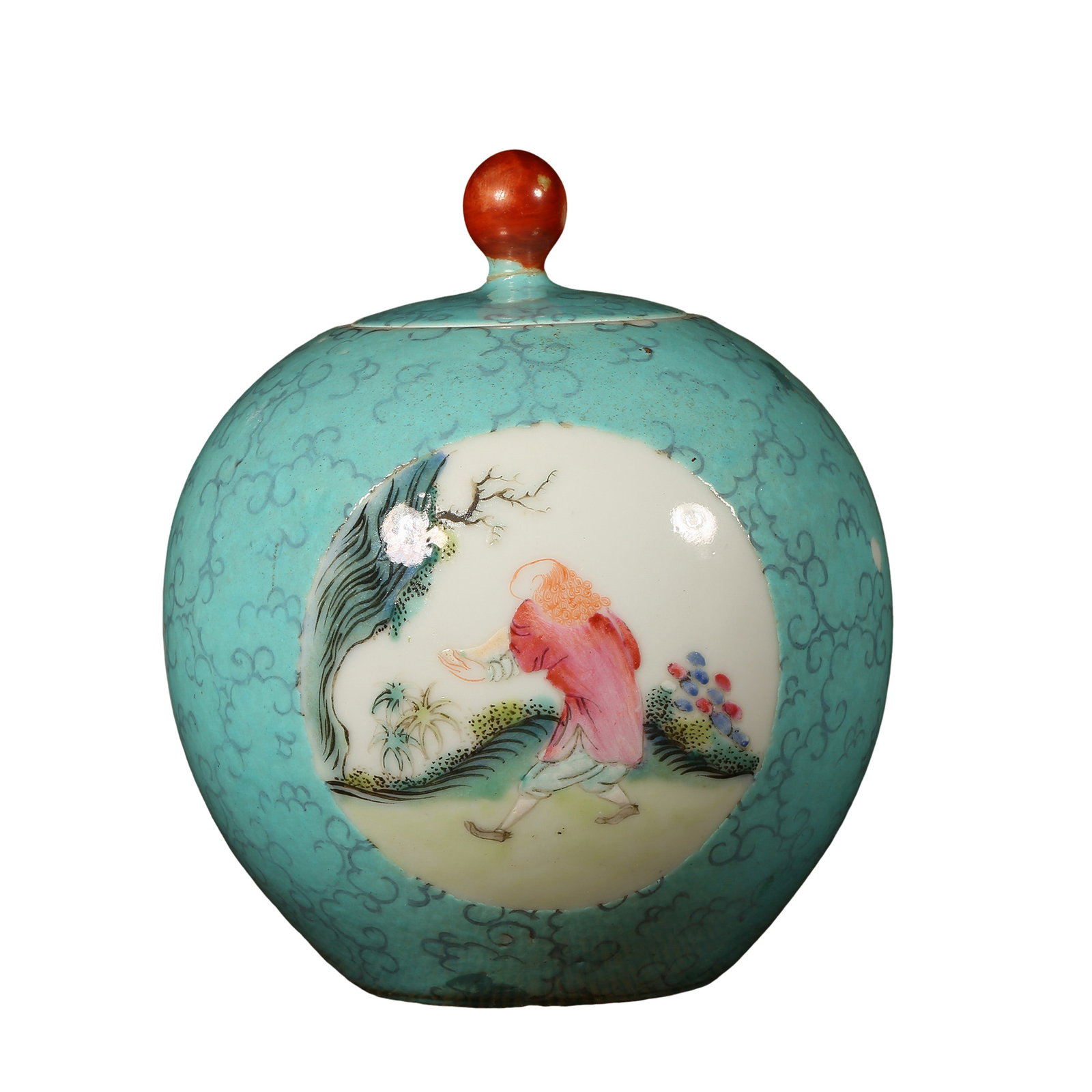 Late Qing Turquoise Sgraffito Famille Rose Covered Jar With European Figures In Reserve Panels,Late: Measurements:Maximum belly diameter 9.5 cm / 3.74 inches, overall height 12 cm / 4.72 inches, Late Qing Dynasty, Category: Ming & Qing Famille Rose Porcelain, Primary trading market: New York Statecon