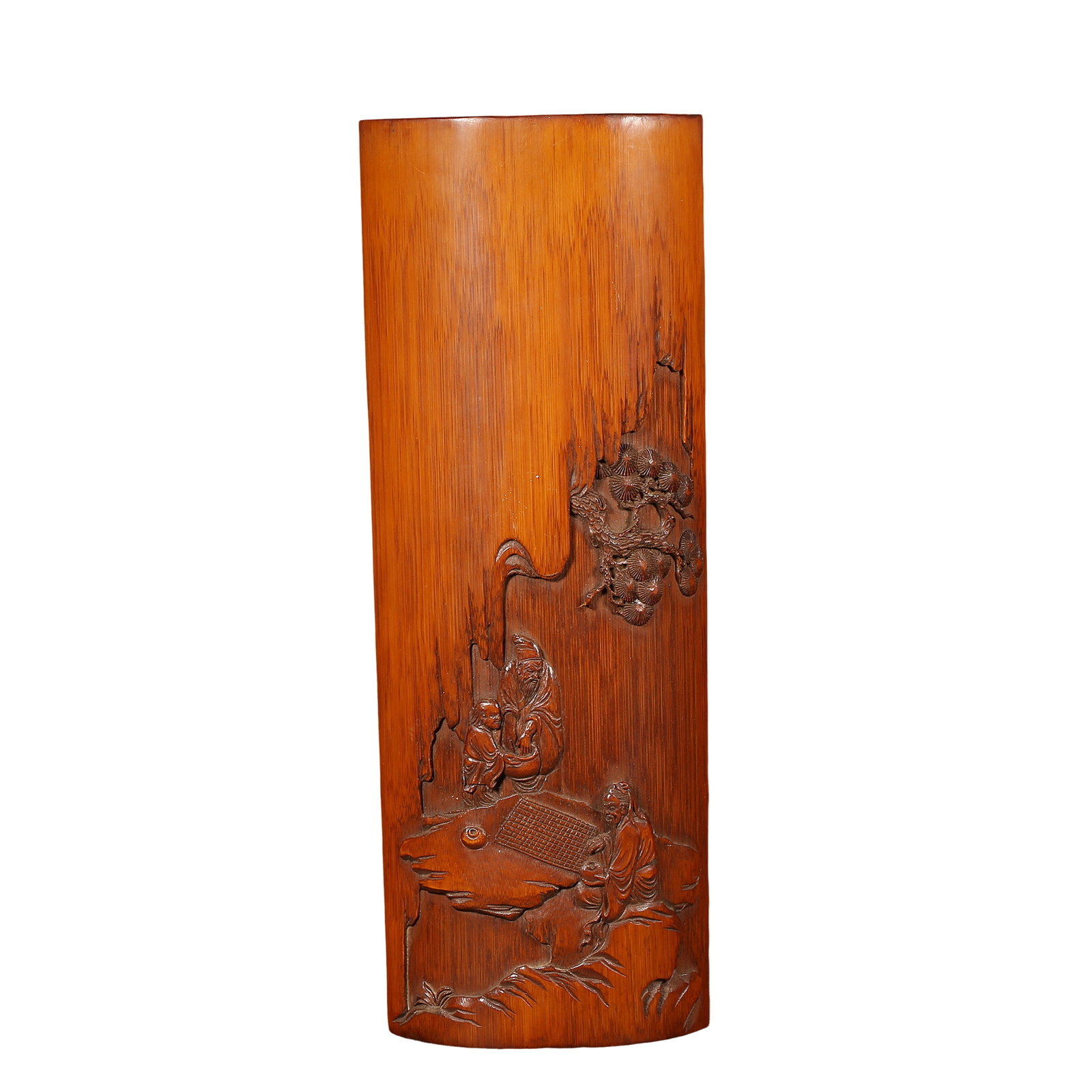 Qing Dynasty Carved Bamboo Wrist Rest With Sages Playing Go Under Pine Trees,Qing Dynasty: Measurements:Length 29.5 cm / 11.61 inches, width 11 cm / 4.33 inches, weight 200 grams, Qing Dynasty, Category: Wood & Bamboo Works of Art, Primary trading market: New York StateCondition & Provenanc