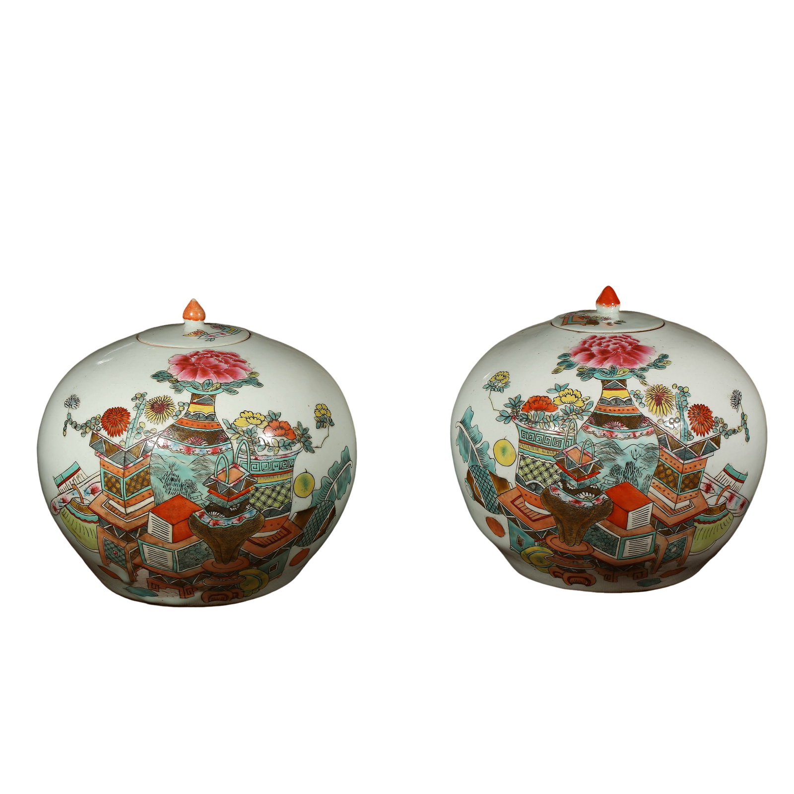 Late Qing Famille Rose Watermelon Covered Jars With Antique Treasures & Calligraphy Poetry Pair,Late (1 of 12)