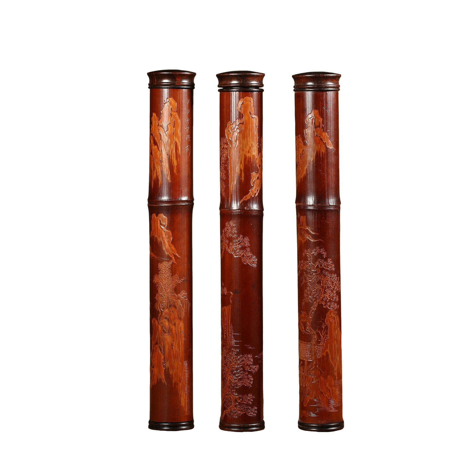 Bamboo Carved Continuous?Scene Landscape?Figure Poem Incense Tube,Qing Dynasty 19th Century: Dimensions:Height 24 cm (9.45 in),Diameter 3 cm (1.18 in),19th CenturyCondition & Provenance:Fully intact piece with rich reddish aged patina.Relief decorations remain well?preserved,only minor natura