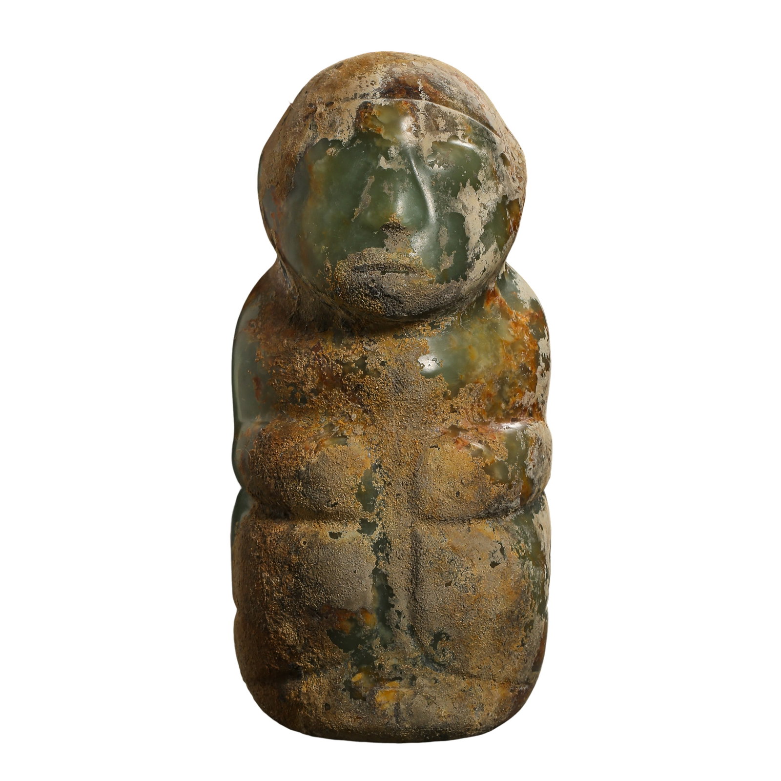 River?Worn Jade Divine?Human Figure,Hongshan Culture,Neolithic Age: Dimensions:Height 16 cm (6.30 in),Width 8 cm (3.15 in),Weight 1561g,Neolithic AgeCondition & Provenance:Fully preserved,heavy soil encrustation and calcified patina all over surface,partial surface er