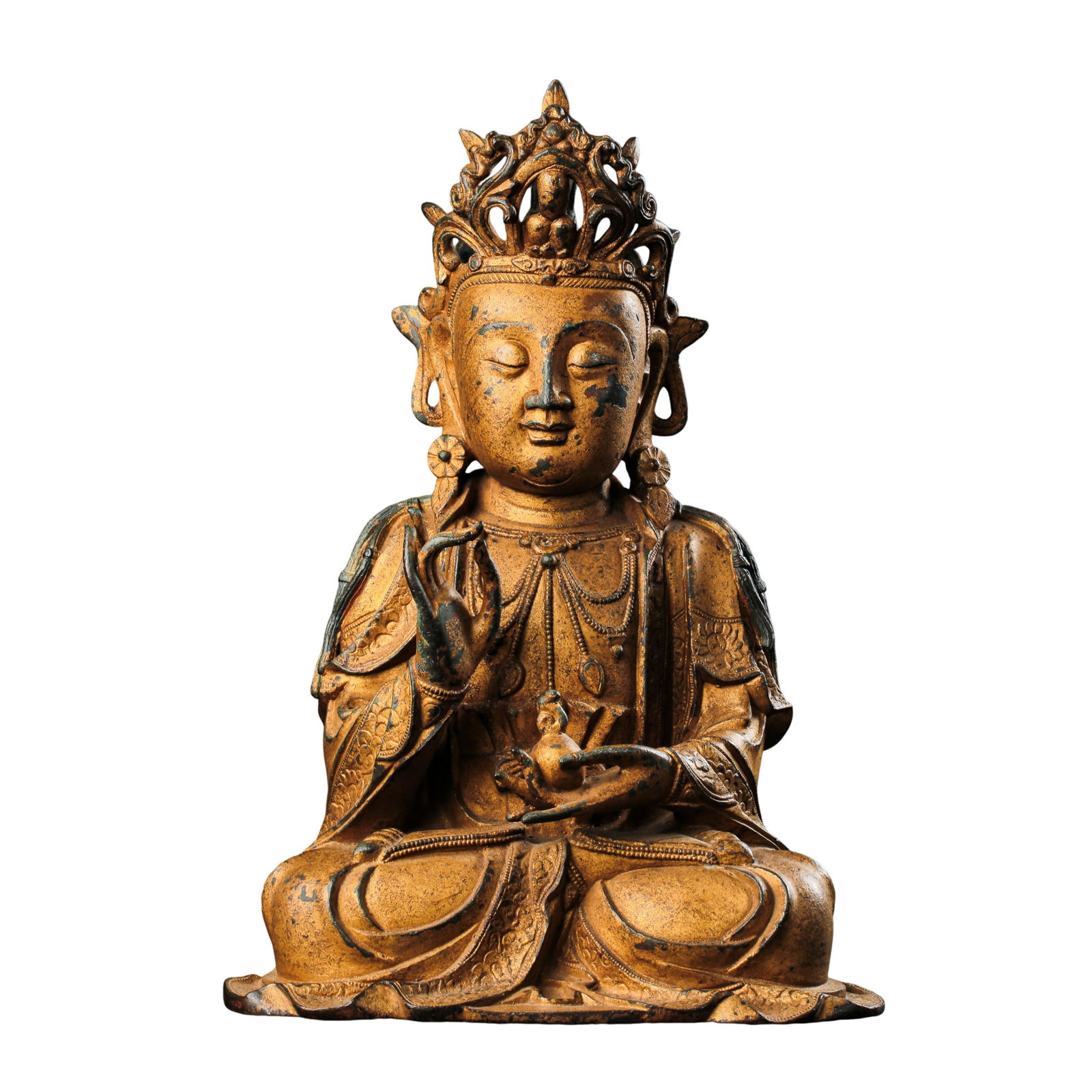Gilt?Lacquered Bronze Seated Guanyin Bodhisattva,Ming Dynasty 16th?17th Century: Dimensions:Height 35 cm (13.78 in),Base Width 25 cm (9.84 in),Weight 7.03kg,16th?17th Centurycondition & Provenance:The figure is fully intact without breaks or missing pieces.The original gilt?lacque