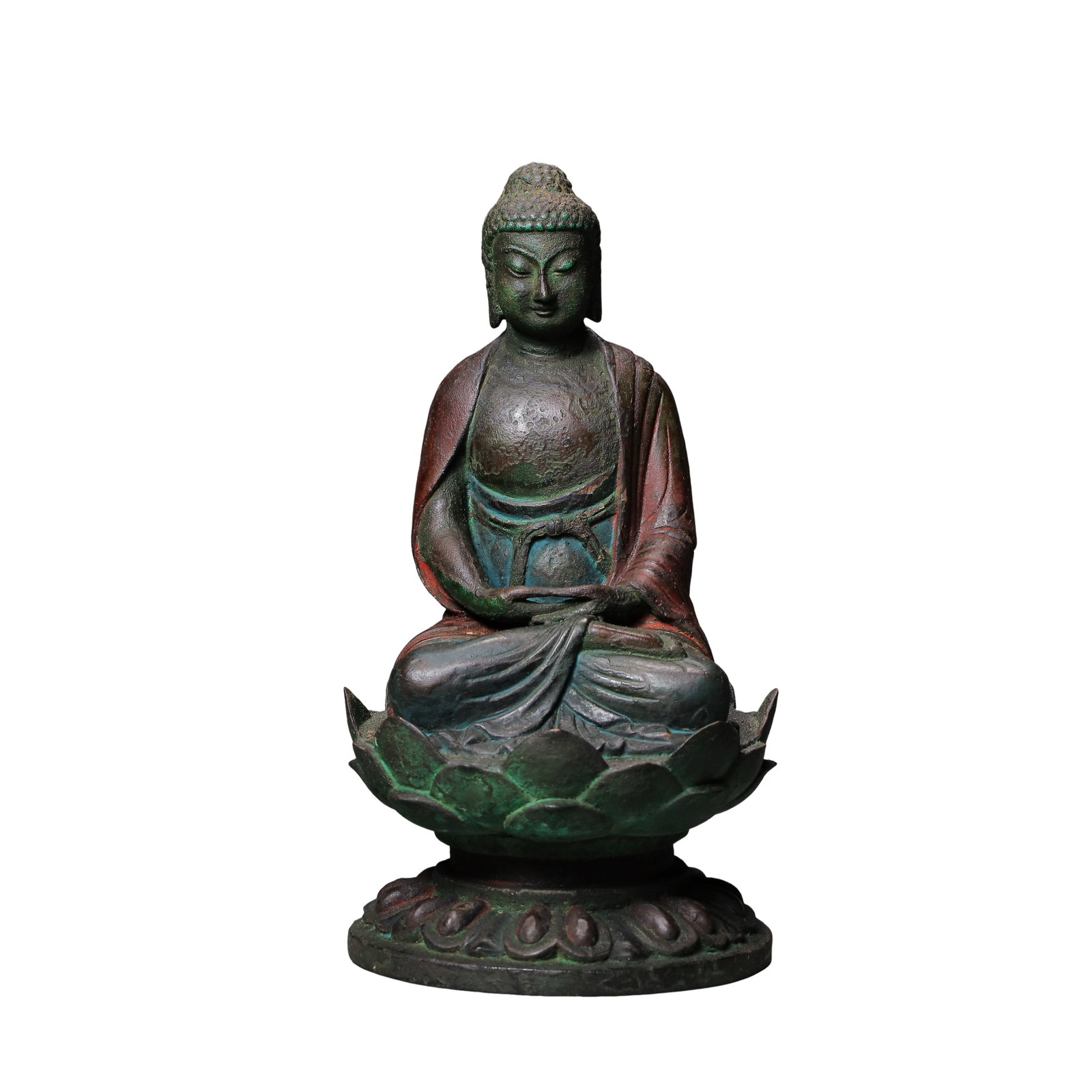 Liao?Jin Dynasty Painted Bronze Seated Shakyamuni Buddha,10th?13th Century,: Dimensions:Height 17cm,base width 9cm,weight 826gCondition & Provenance:The figure is fully cast in bronze with integrated Buddha and lotus throne,complete without breakage or loss.Original ancient po