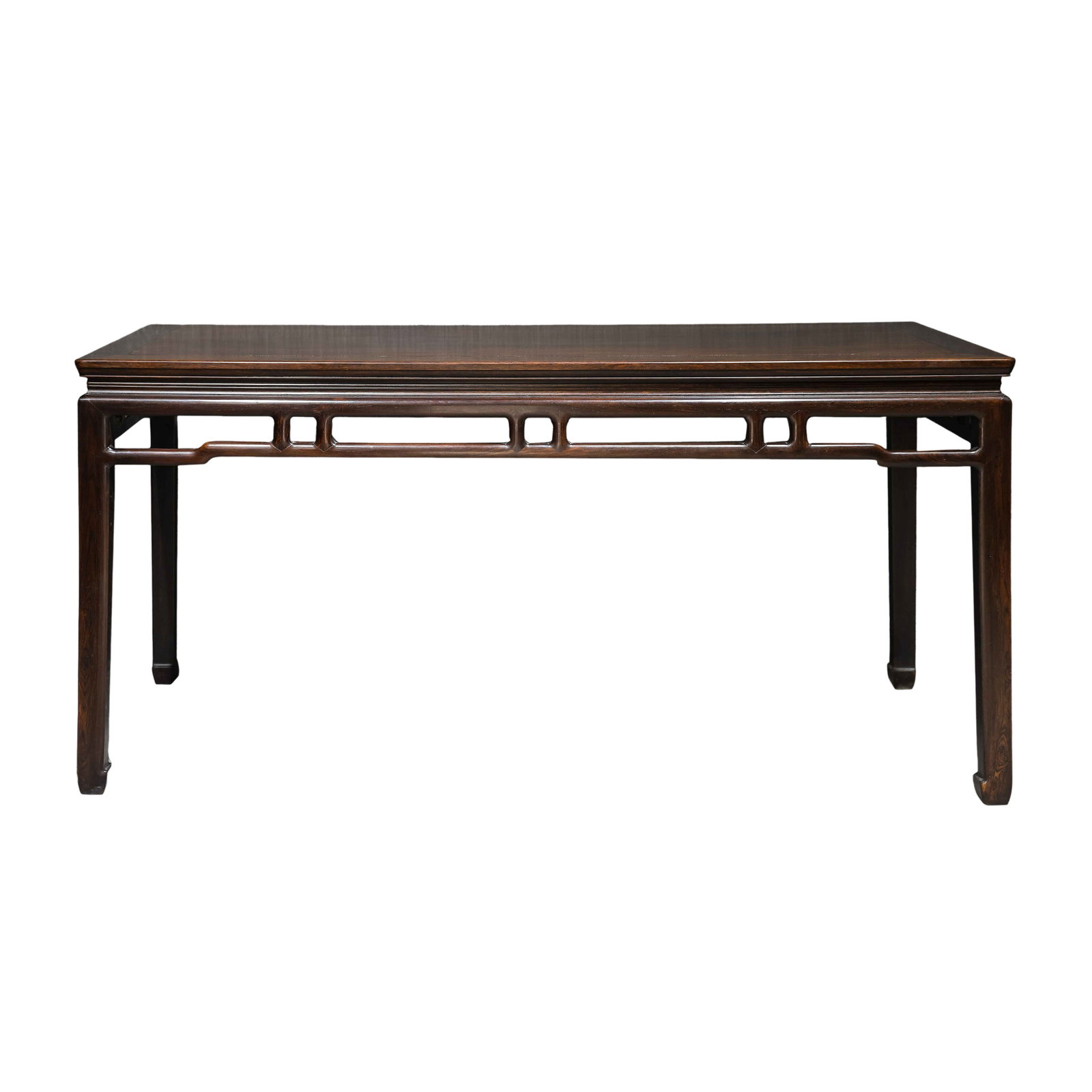 Huanghuali Wood Side Table With Scroll?Openwork Apron,Qing Dynasty 18th?19th Century: Dimensions:Length 174 cm (68.50 in),Width 69 cm (27.17 in),Height 85 cm (33.46 in),18th?19th CenturCondition & Provenance:The table is entirely original,top panel,apron and four legs are all period el