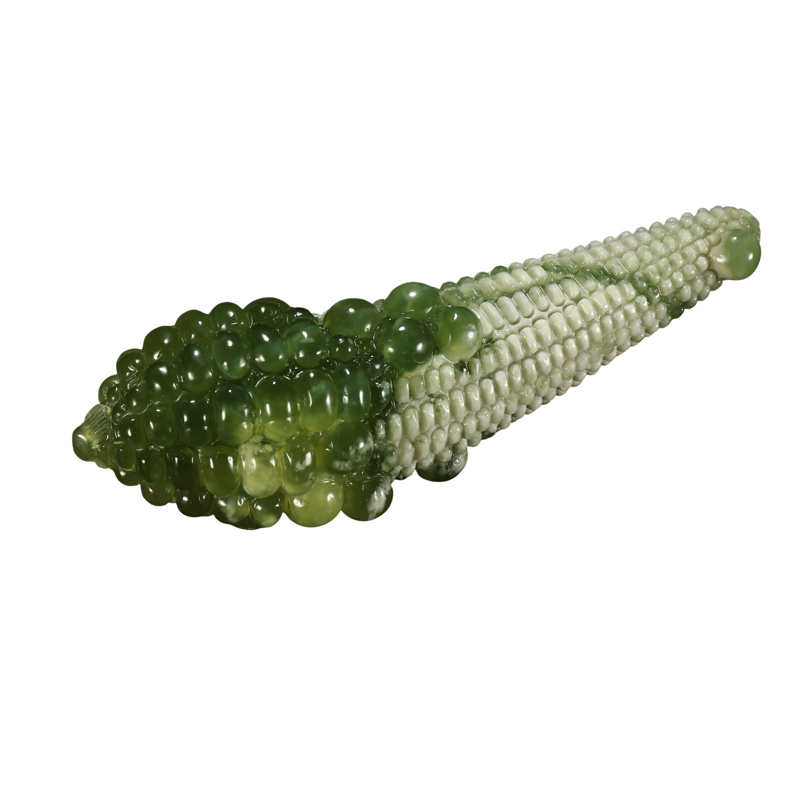 Hetian Green Jade Color?Play Corn Handpiece,Qing Dynasty 19th Century: Dimensions:Length 13.5 cm (5.31 in),Width 4.5 cm (1.77 in),Weight 203g,19th CenturyCondition & Provenance:Fully three?dimensionally carved from single block of Hetian green jade.The piece is complete 