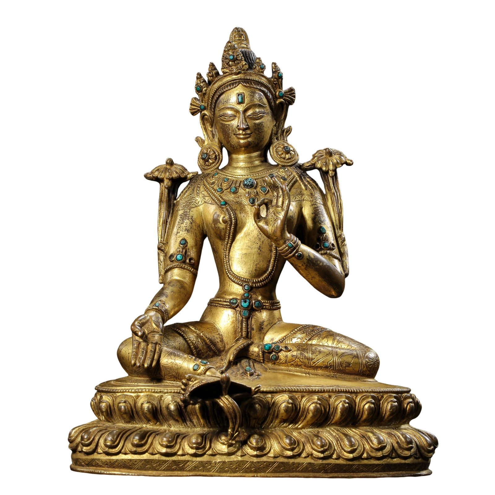 18th?Century Tibetan Gilt?Bronze Tara Seated Figure Inlaid with Turquoises: /Condition & Provenance?The figure remains fully intact.Gilding shows natural age?related wear with gild loss on raised surfaces.The bronze body develops rich aged patina.Most turquoise inlays stay in