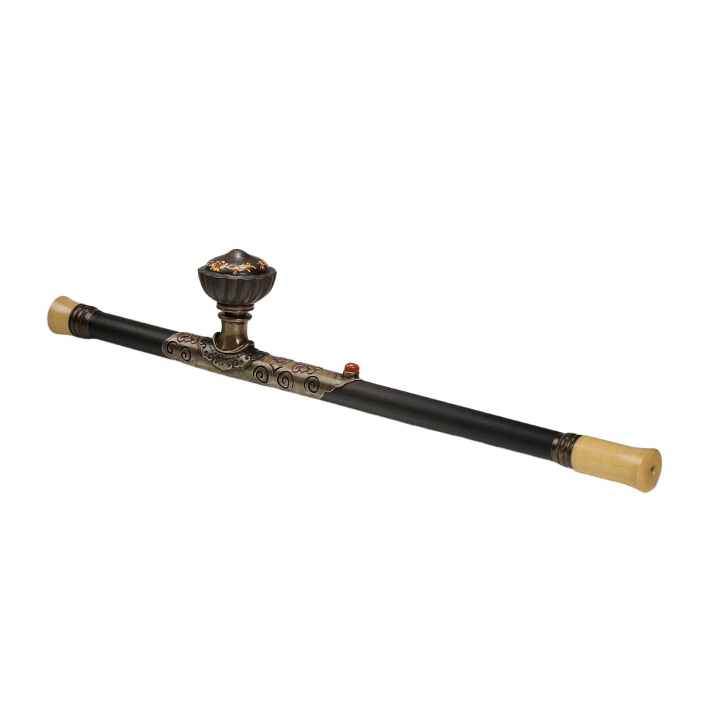 Opium Pipe With Wenge?Wood Shaft,Inlaid Copper Ornaments And Agate,Qing Dynasty 19th Century (1 of 10)