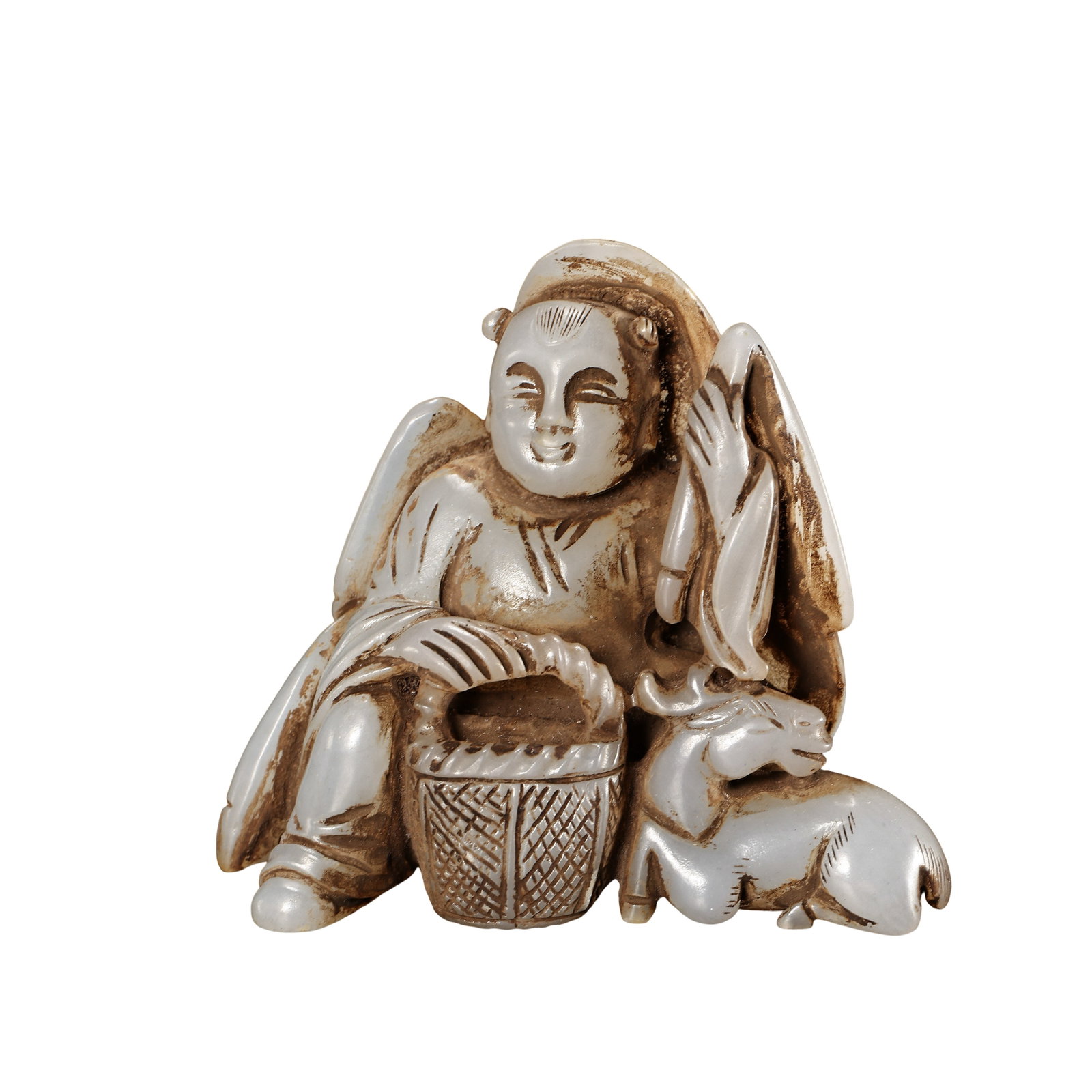 Hetian Jade Boy With Recumbent Deer Ornament,Qing Dynasty,18?19th Century: Dimensions:Length 7 cm (2.76 in),Height 6 cm (2.36 in),Weight 119g,18?19th Centurycondition & Provenance:The carving is fully intact without breaks or chips.The jade displays smooth texture with natur