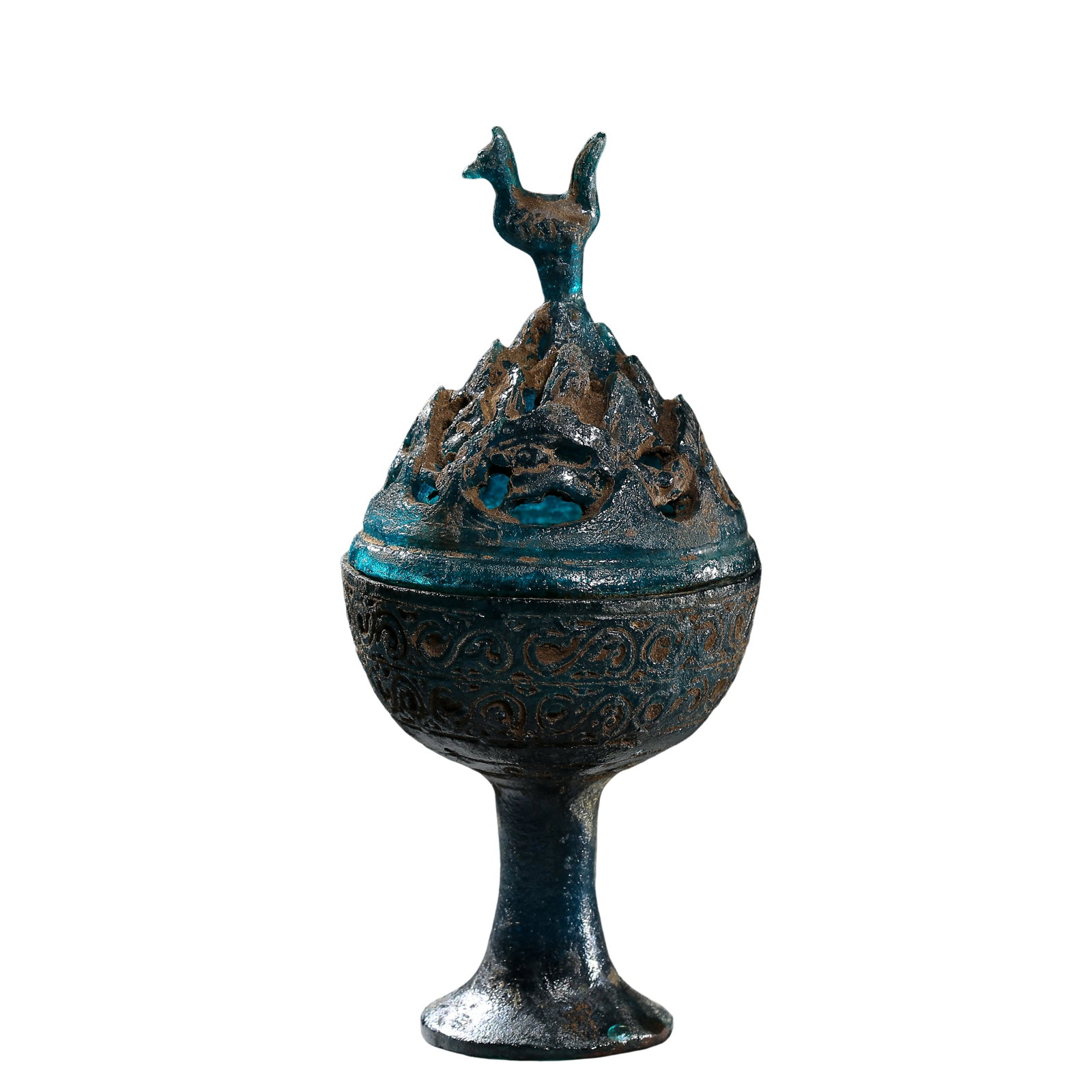 Blue?Glass Boshan?Style Censer With Phoenix Finial,Han Dynasty,2nd Century BCE?2nd Century CE: Dimensions:Overall Height 16.5 cm (6.50 in),Lid Width 7.5 cm (2.95 in),Weight 331g,Han Dynasty,2nd Century BCE?2nd Century CECondition & Provenance:The censer is detachable between bowl and mountain?s