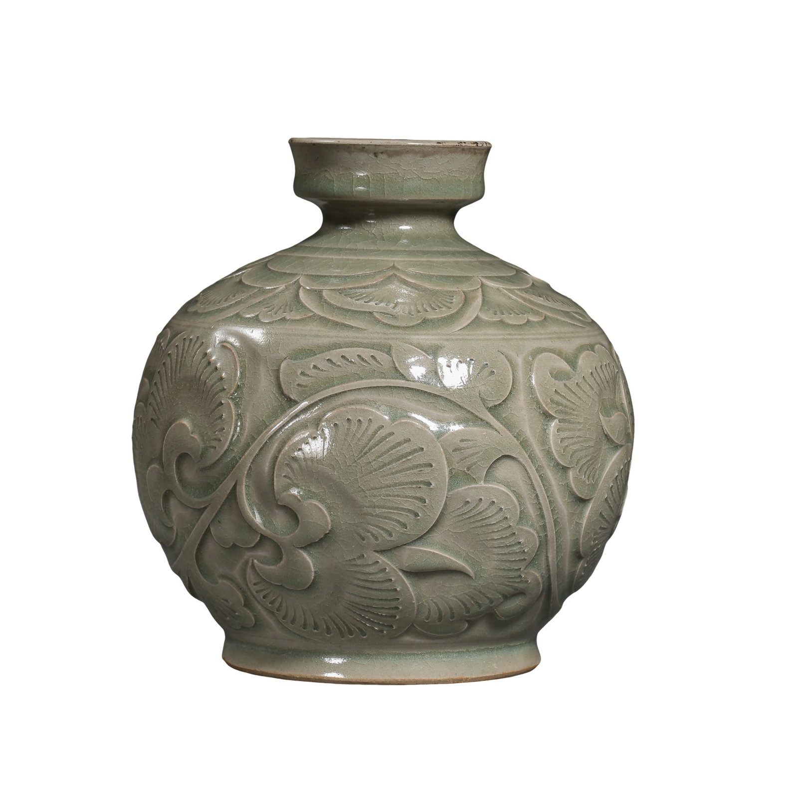Yaozhou?Yao Celadon Jar With Carved Interlocking Peony Pattern,Song Dynasty,10th?13th Century: Dimensions:Height 16.5 cm (6.50 in),Rim Diameter 6.5 cm (2.56 in),Song Dynasty,10th?13th CenturyCondition & Provenance:The jar is fully intact without cracks or losses.Glaze surface carries fine natur
