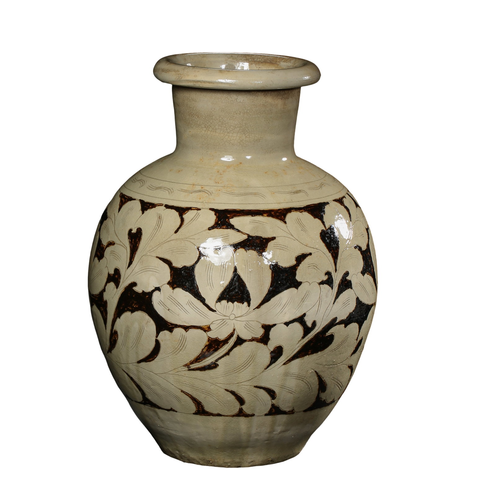 Cizhou?Yao Large Jar With Sgraffito Peony Scroll On Black?White Ground,Jin Dynasty,12th?13th: Dimensions:Height 38 cm (14.96 in),Rim Diameter 16 cm (6.30 in),Jin Dynasty,12th?13th CenturyCondition & Provenance:This jar is solid and structurally sound,there are no penetrating cracks and no mode